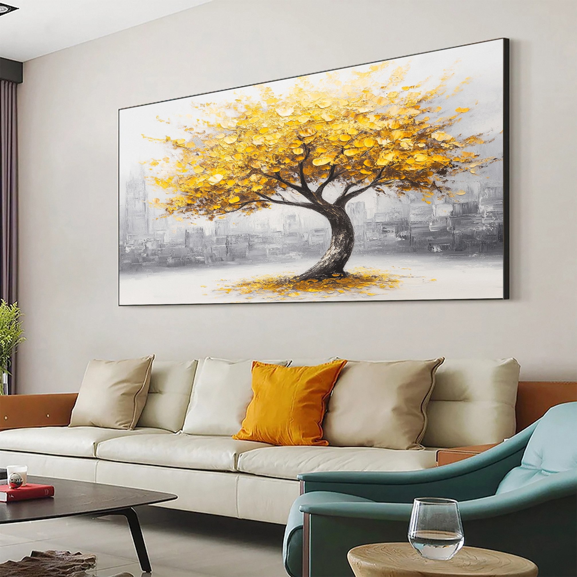 Modern Tree in City Artwork Warm Tones and Urban Charm #TP033