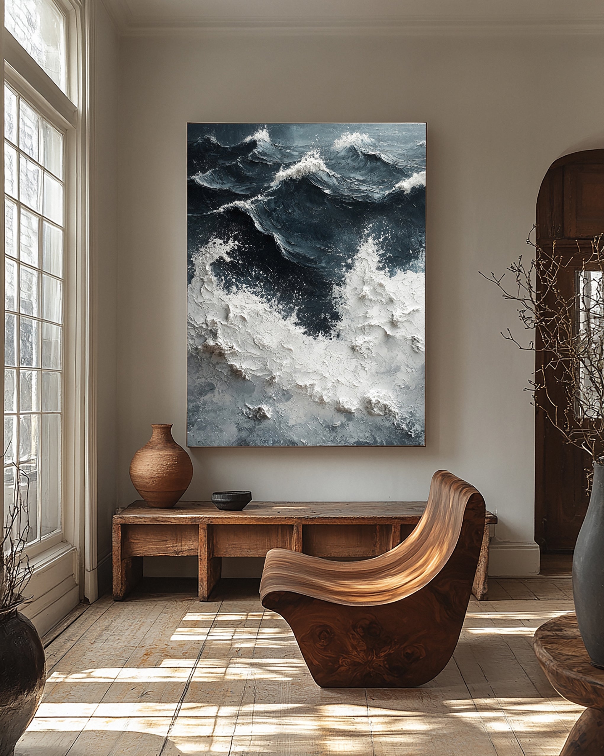Noir Depths Surge: Dynamic Wave Art with Crashing Whitecaps #MM628