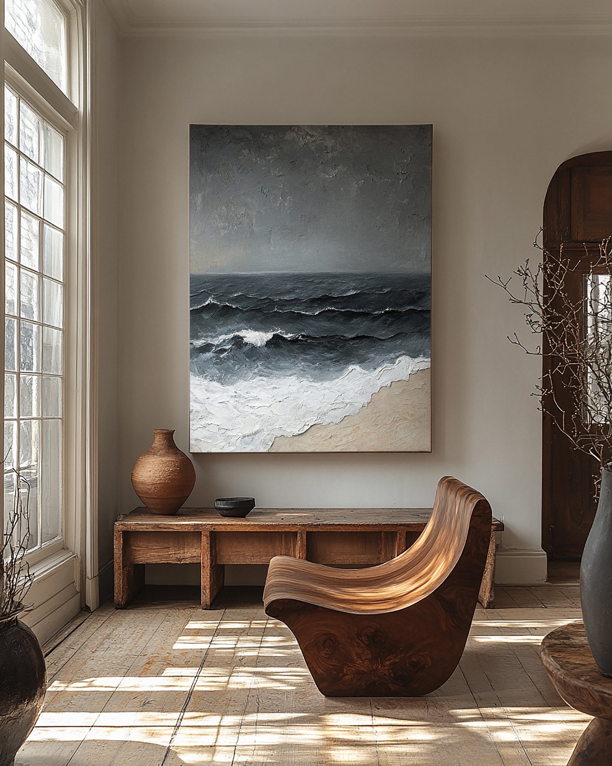 Breaking Waves on a Grey Day: Modern Textured Ocean Art #MM627