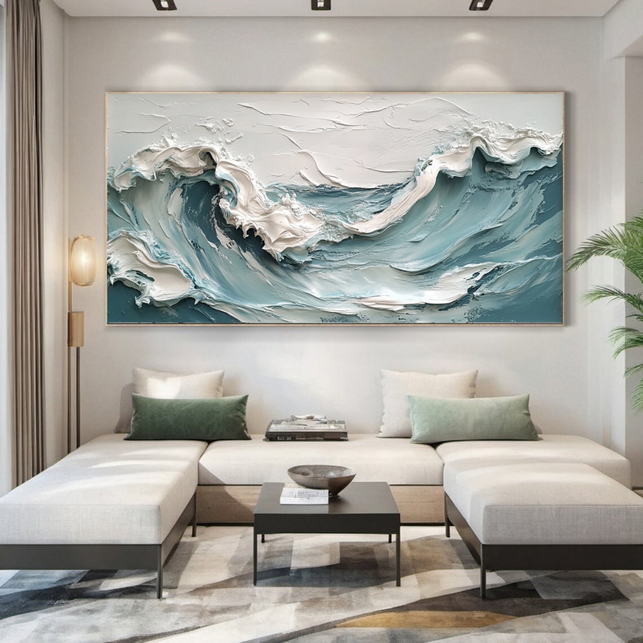 Textured Ocean Wave Painting Modern Coastal Canvas Art for House #OP017