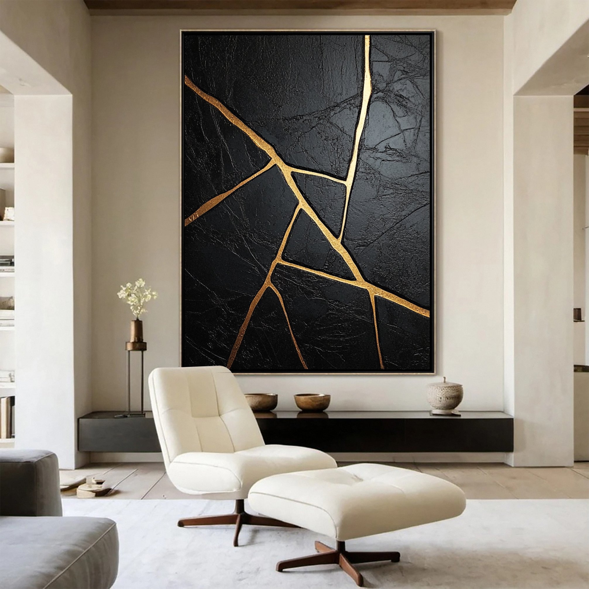 Modern Black Canvas with Gold Streaks Abstract Decor #MM108