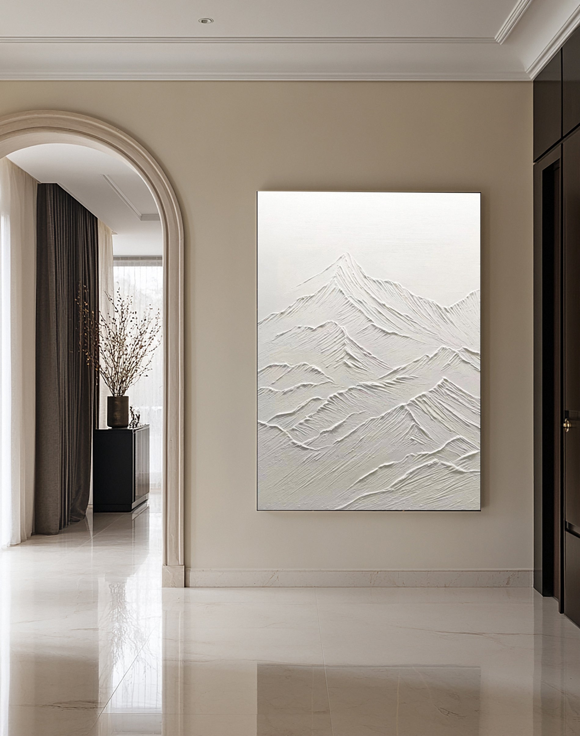 Ethereal White Peaks: Contemporary Canvas with Mountain Forms #MM625