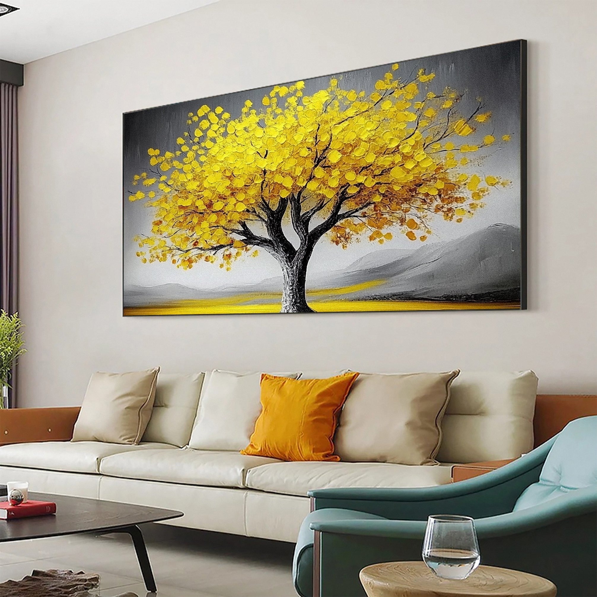 Large Abstract Tree Wall Art Yellow Color and Dynamic Texture #TP029