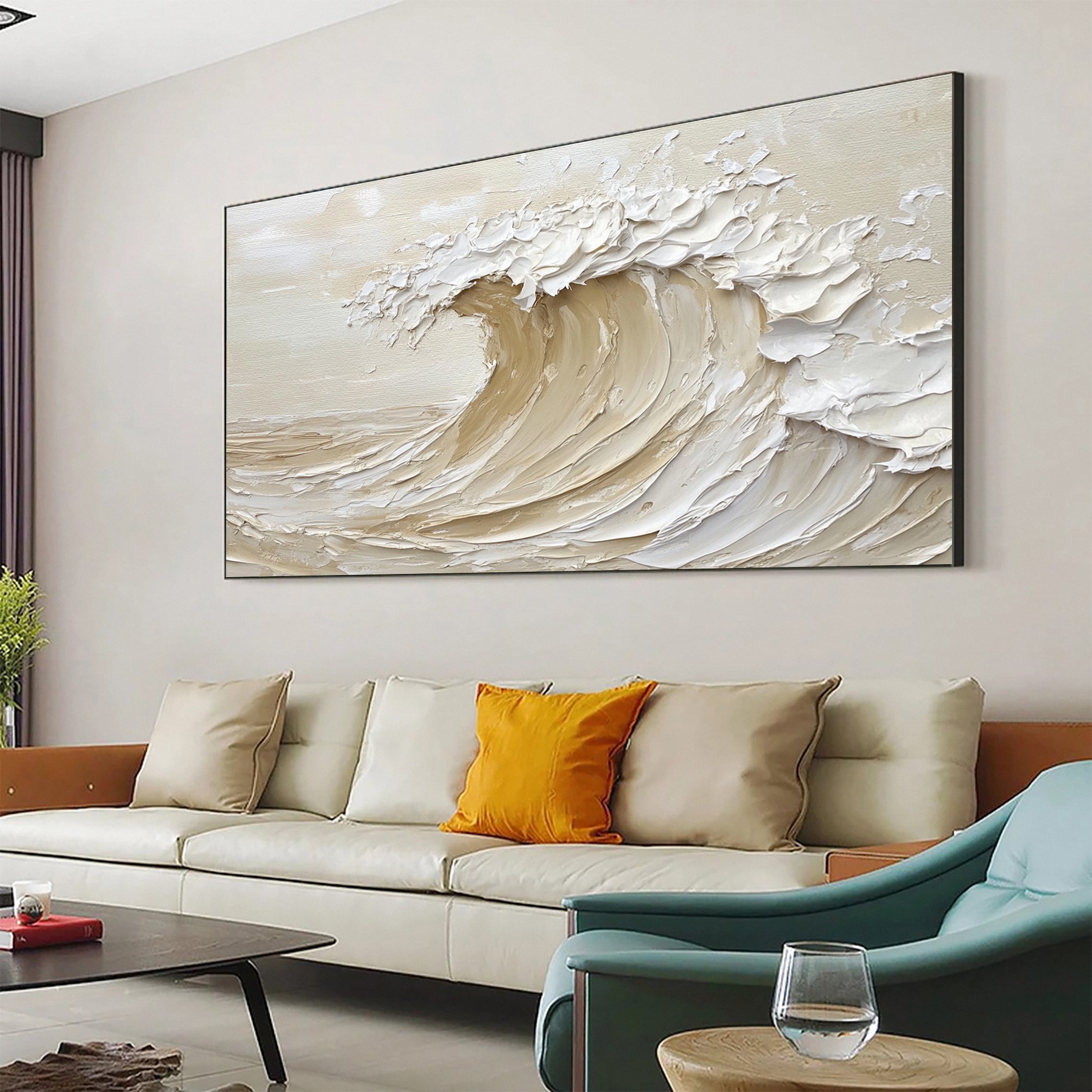 Luxury Coastal Wave Canvas Art Neutral Textured Painting #OP045