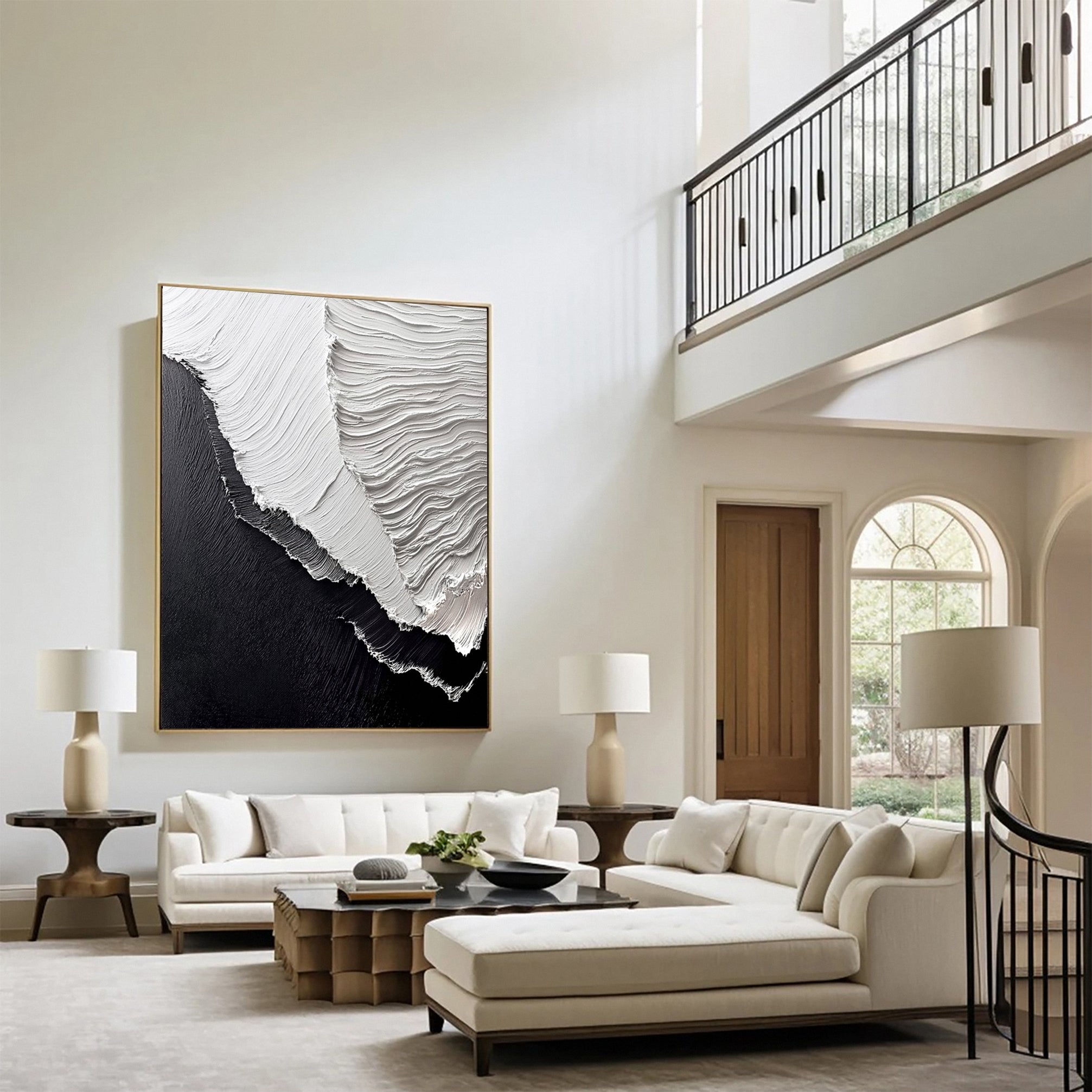 Waves Textured Canvas Black and White Abstract Art #OP039