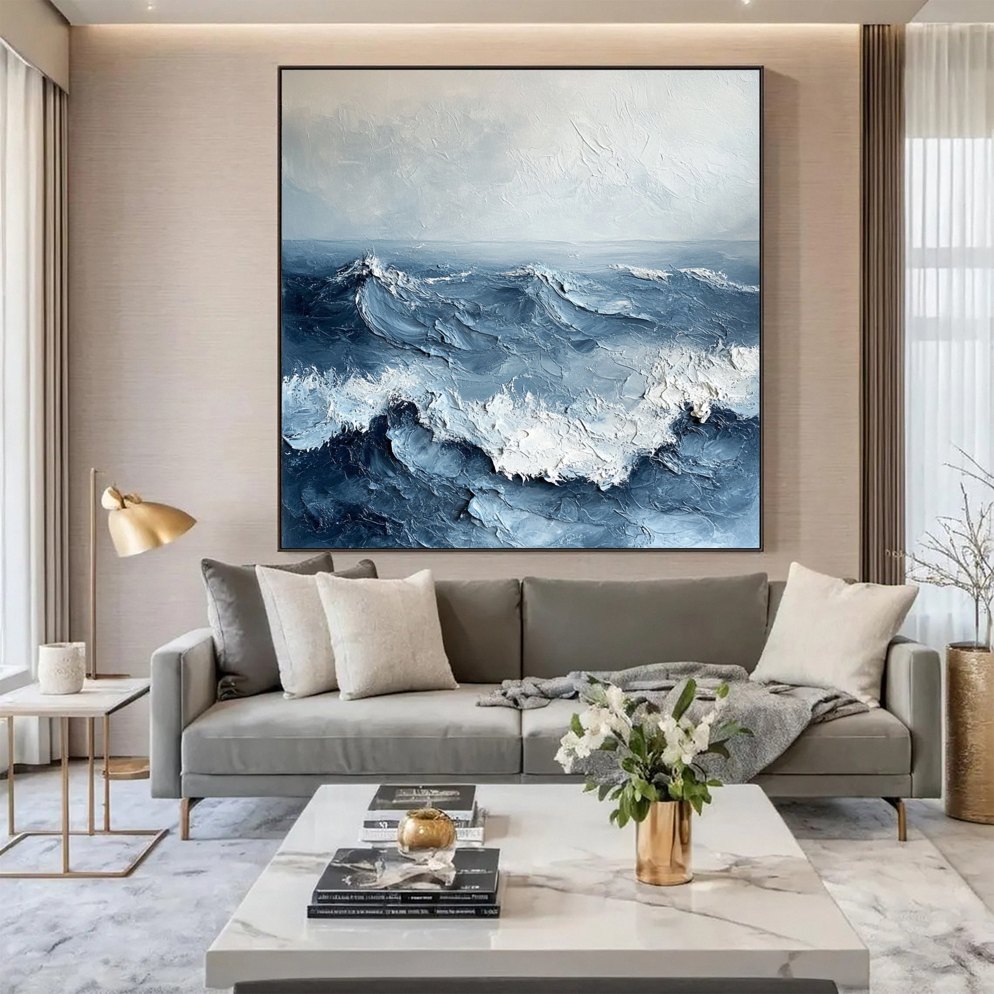 Abstract Ocean Canvas Art Blue Textured Wave Painting #OP034