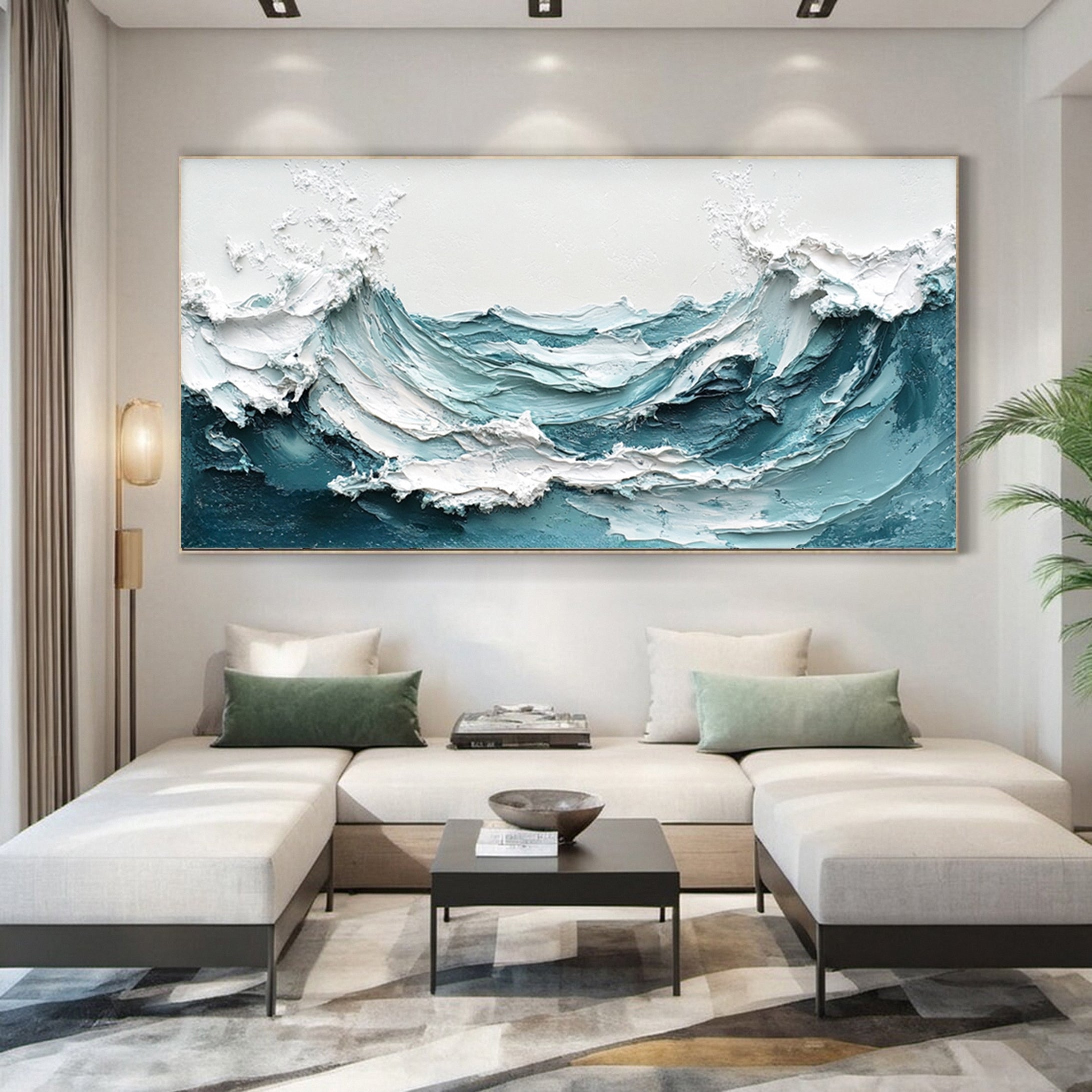 Chic Blue Wave Painting for Sophisticated Homes Decor #OP016