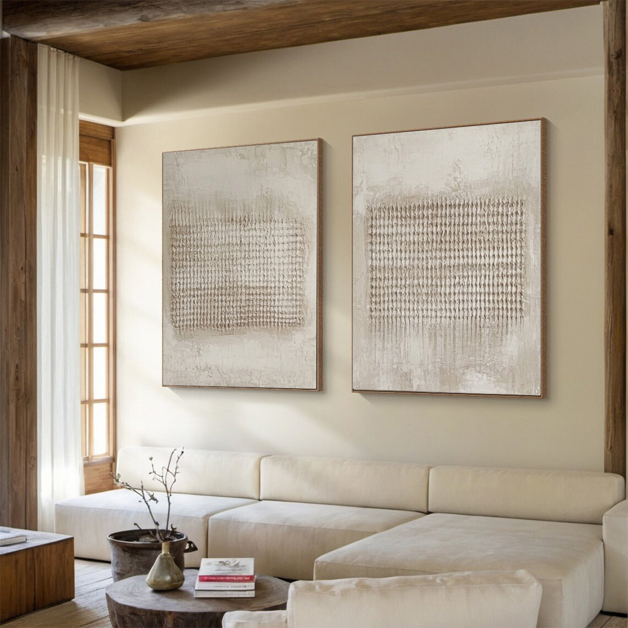 Neutral Grid Texture Diptych: Minimalist Abstract with Markings #MM605