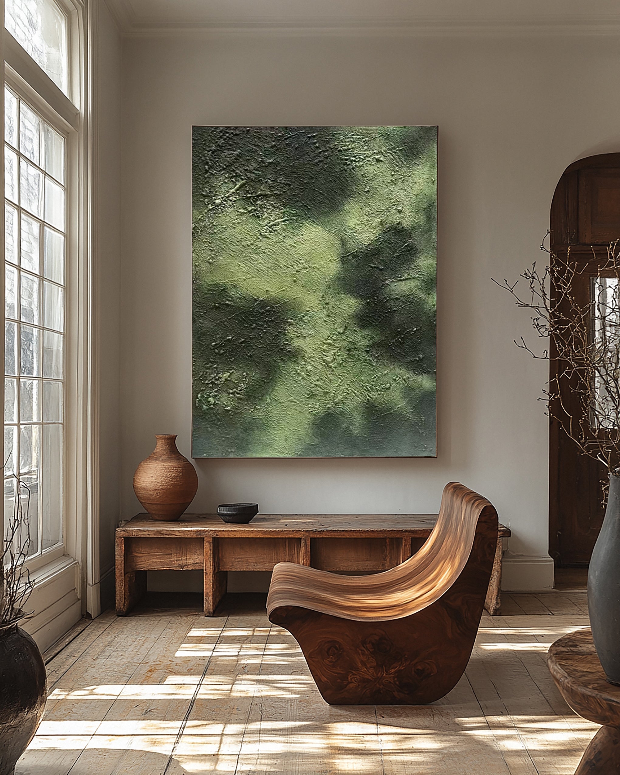 Textured Verdant Depths: Abstract Art in Layered Greens #MM635