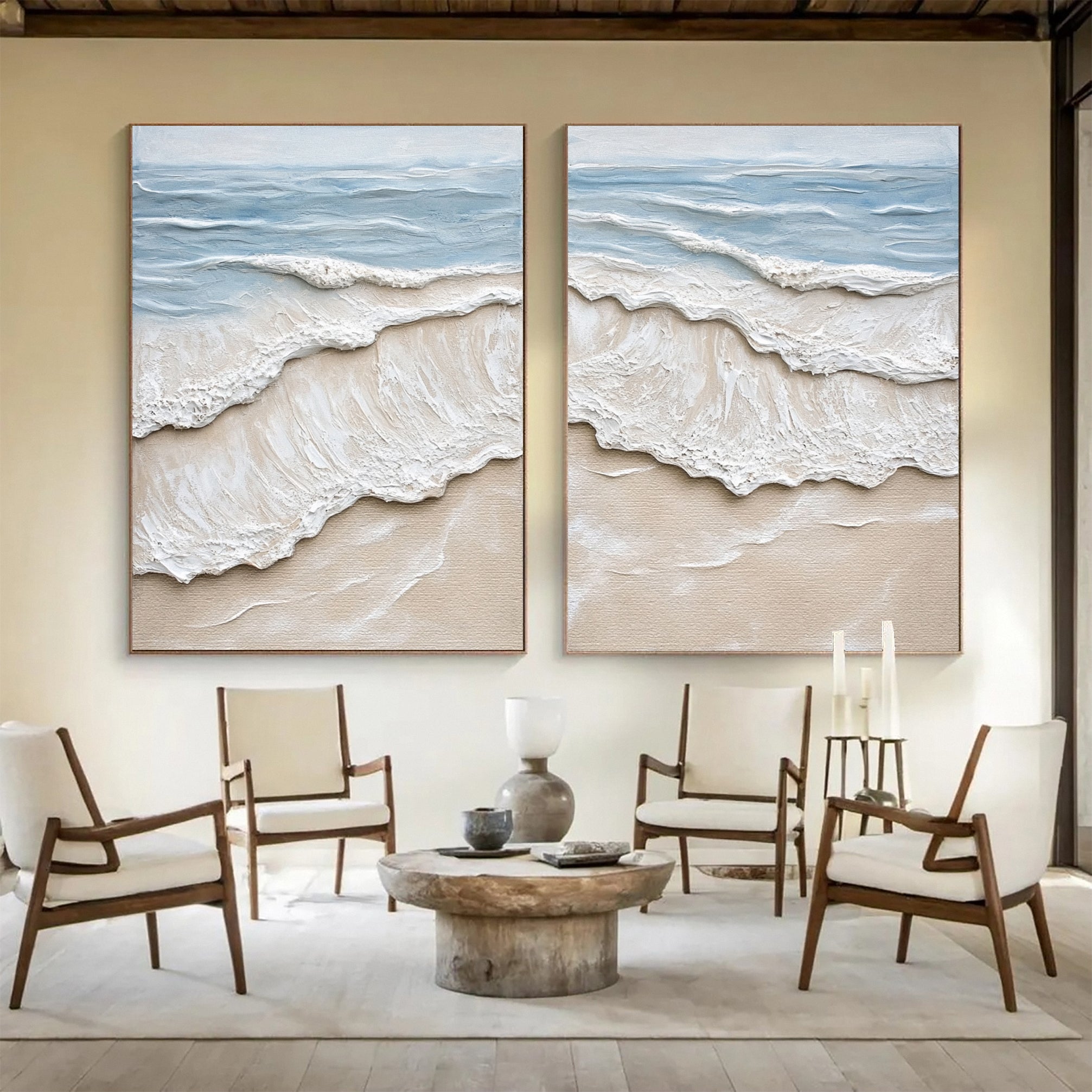Textured Coastal Wash Diptych: Aerial Seascape with 3D Waves #MM641