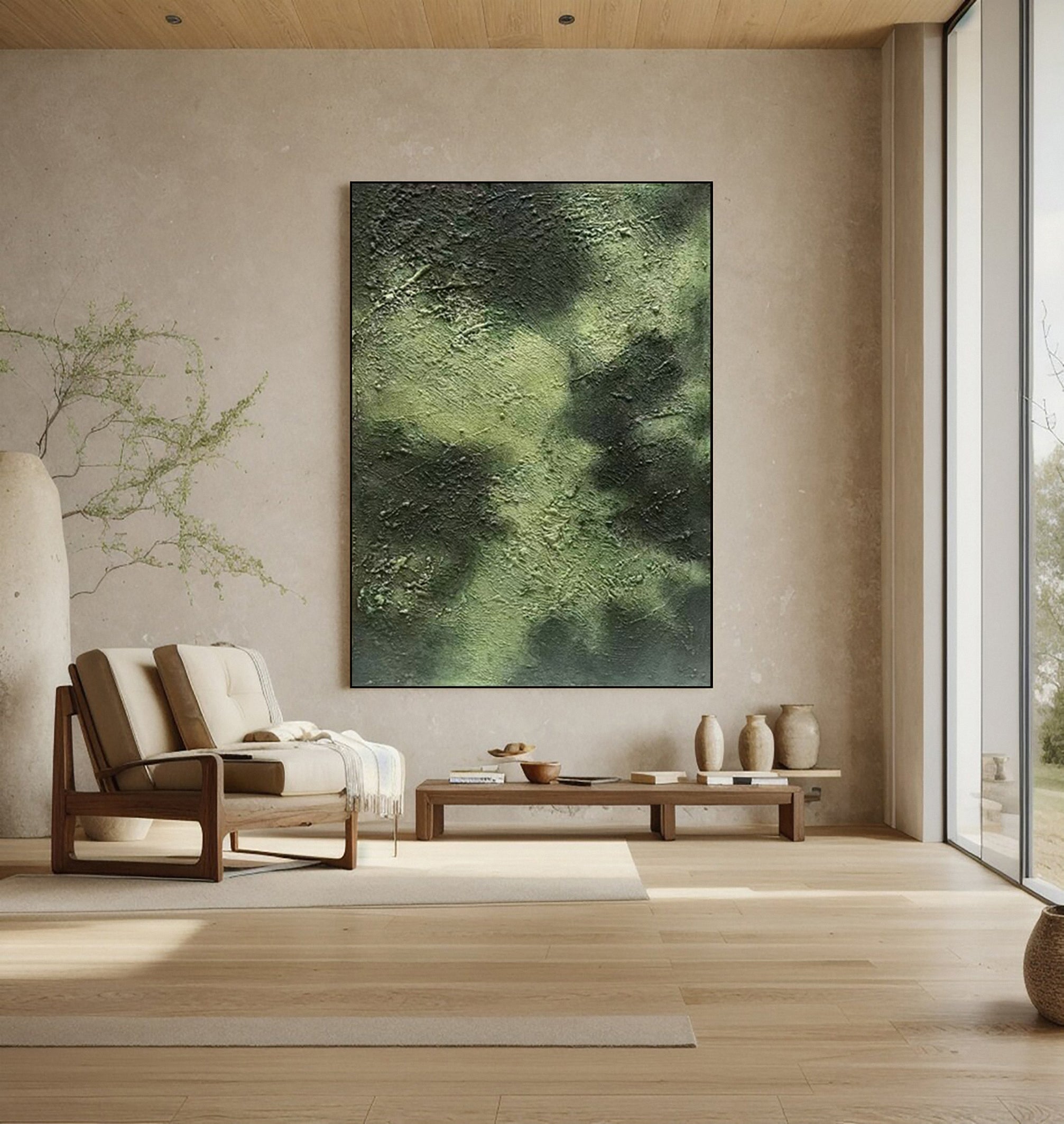 Textured Verdant Depths: Abstract Art in Layered Greens #MM635