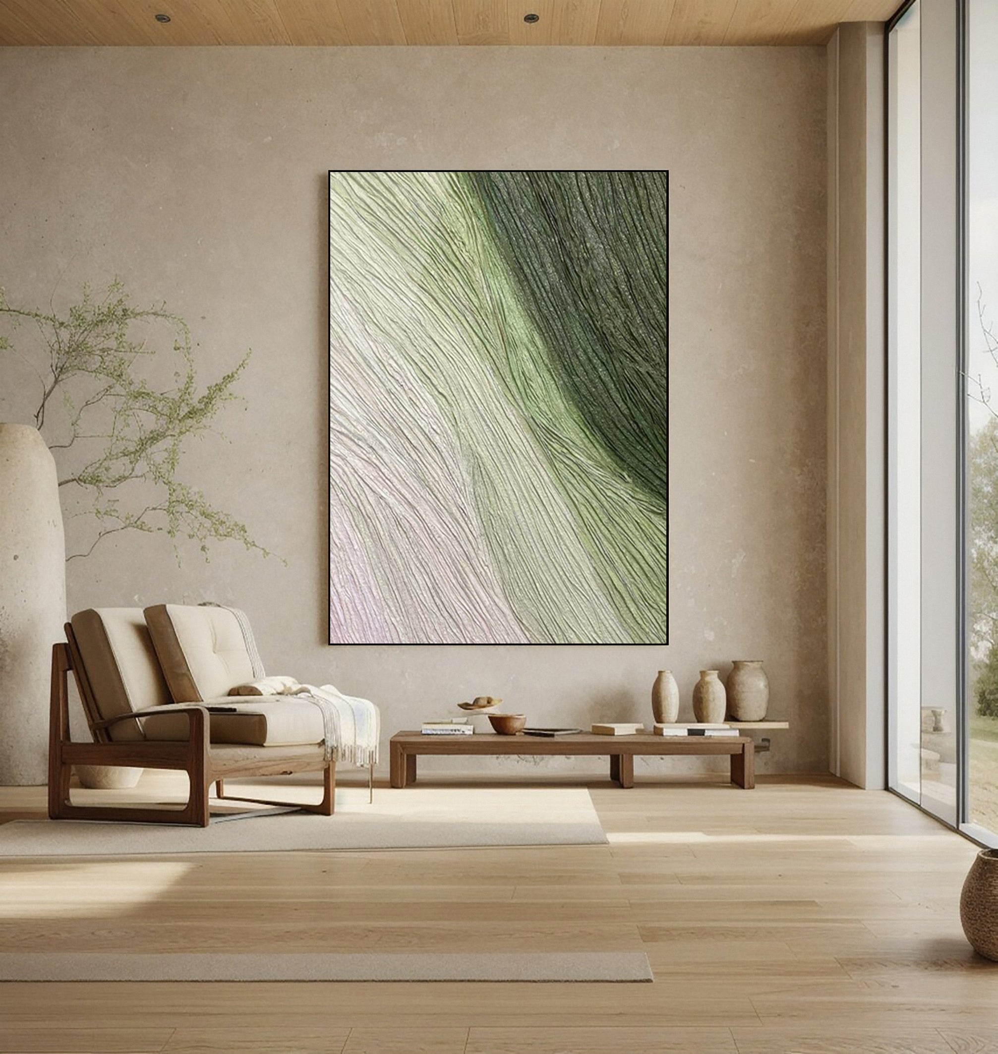 Contemporary Abstract Art with Gentle Green and Neutral Lines #MM633
