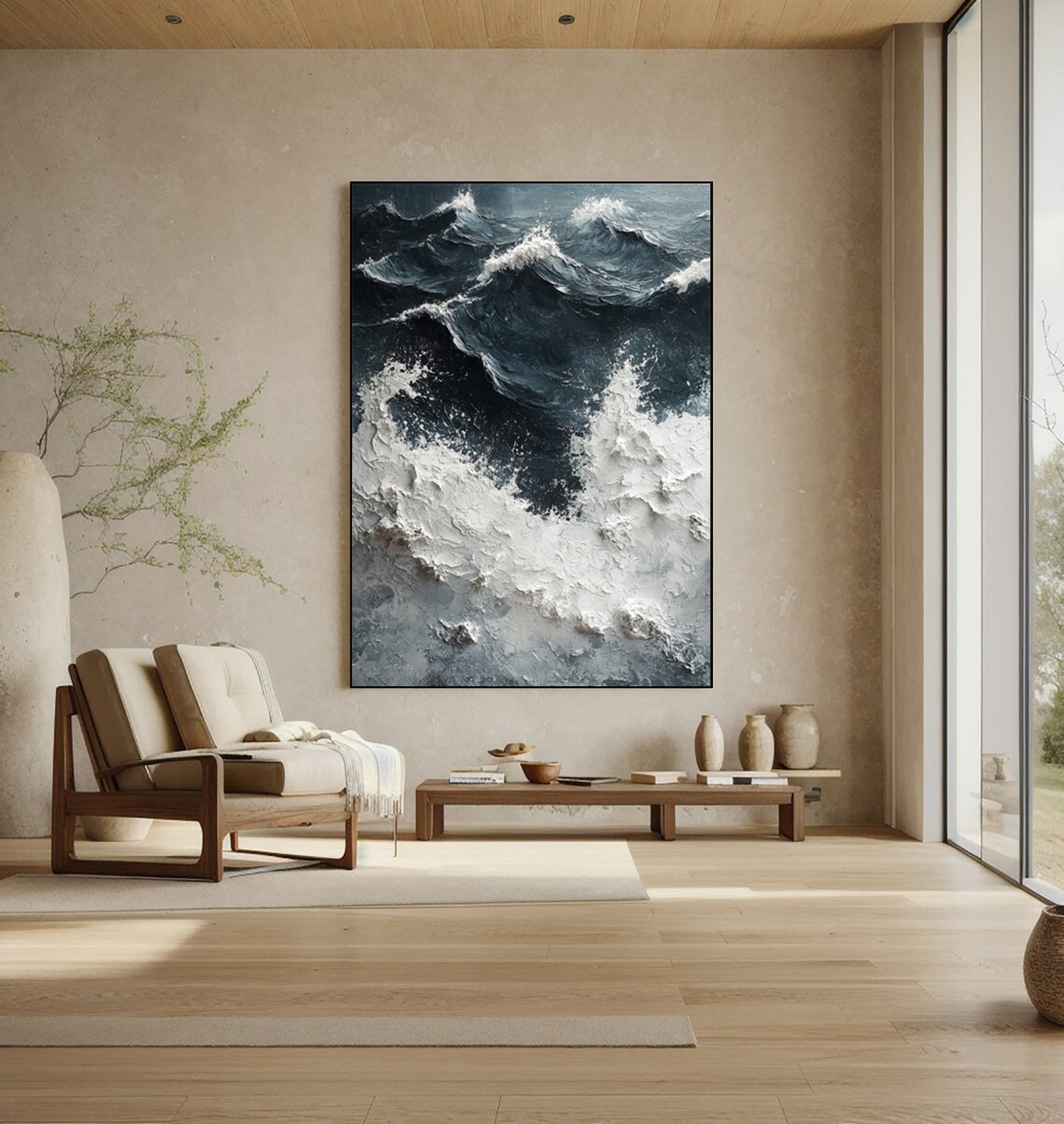 Noir Depths Surge: Dynamic Wave Art with Crashing Whitecaps #MM628