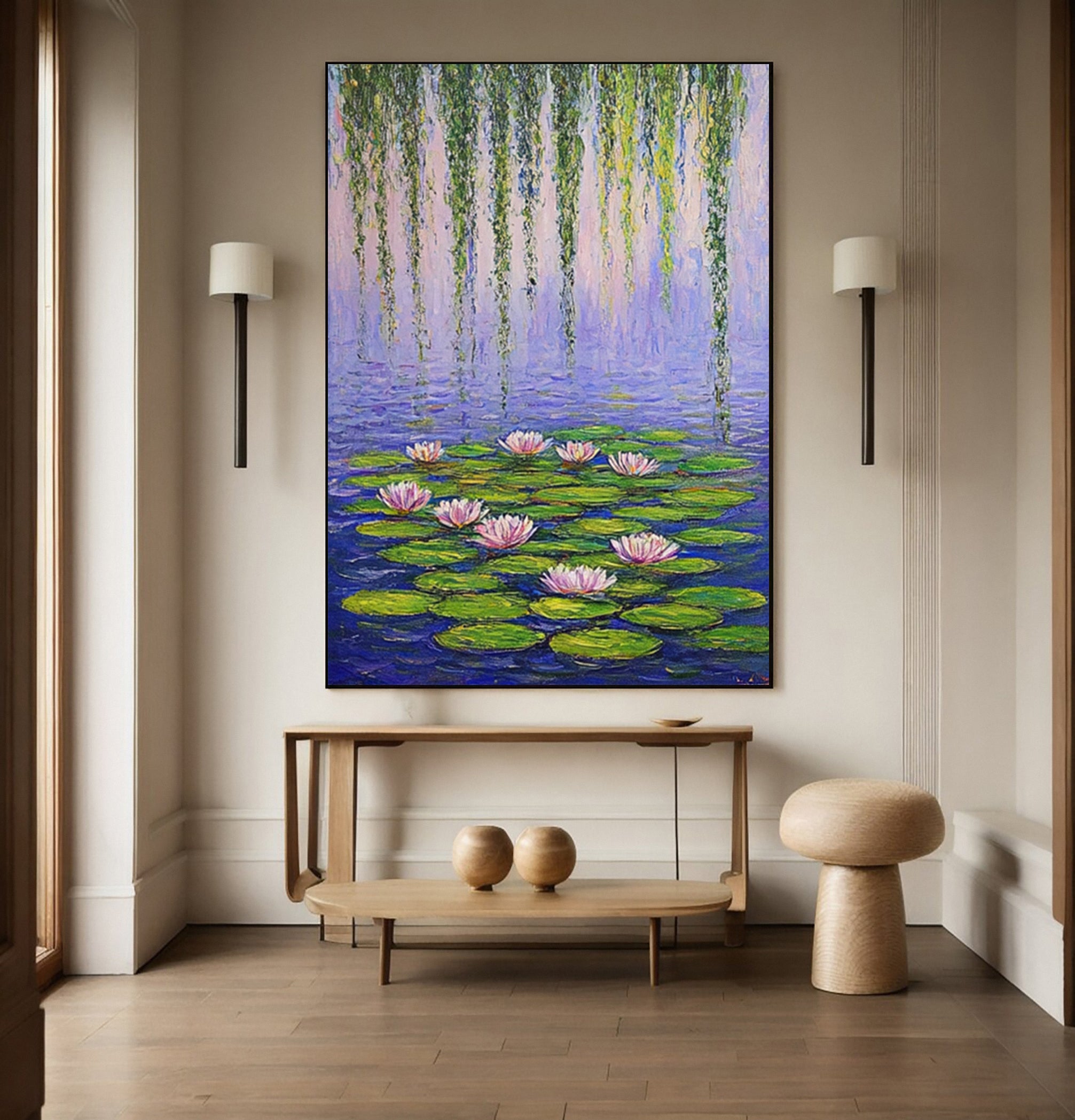 Pink Water Lilies Under Willow: Serene Pond Art, Monet Style #MM646