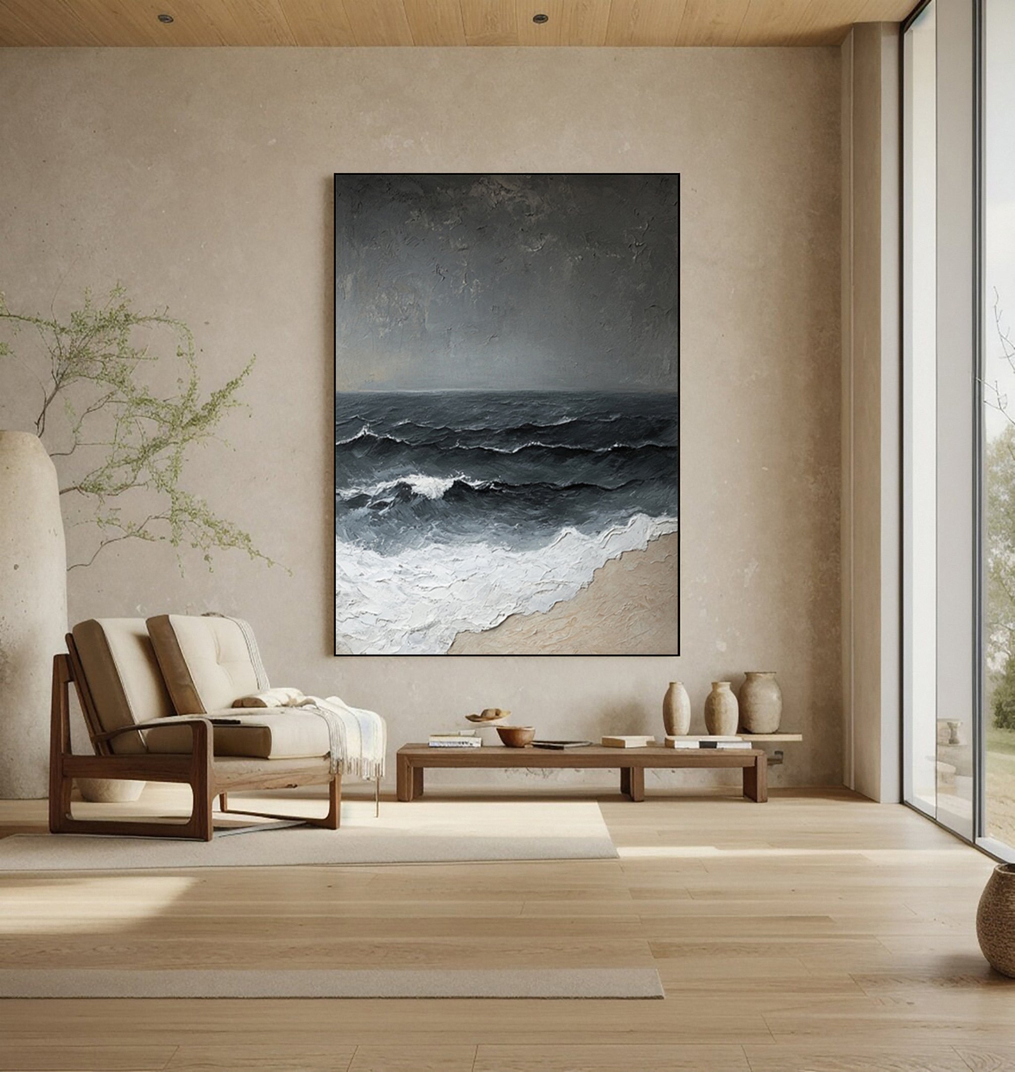 Breaking Waves on a Grey Day: Modern Textured Ocean Art #MM627