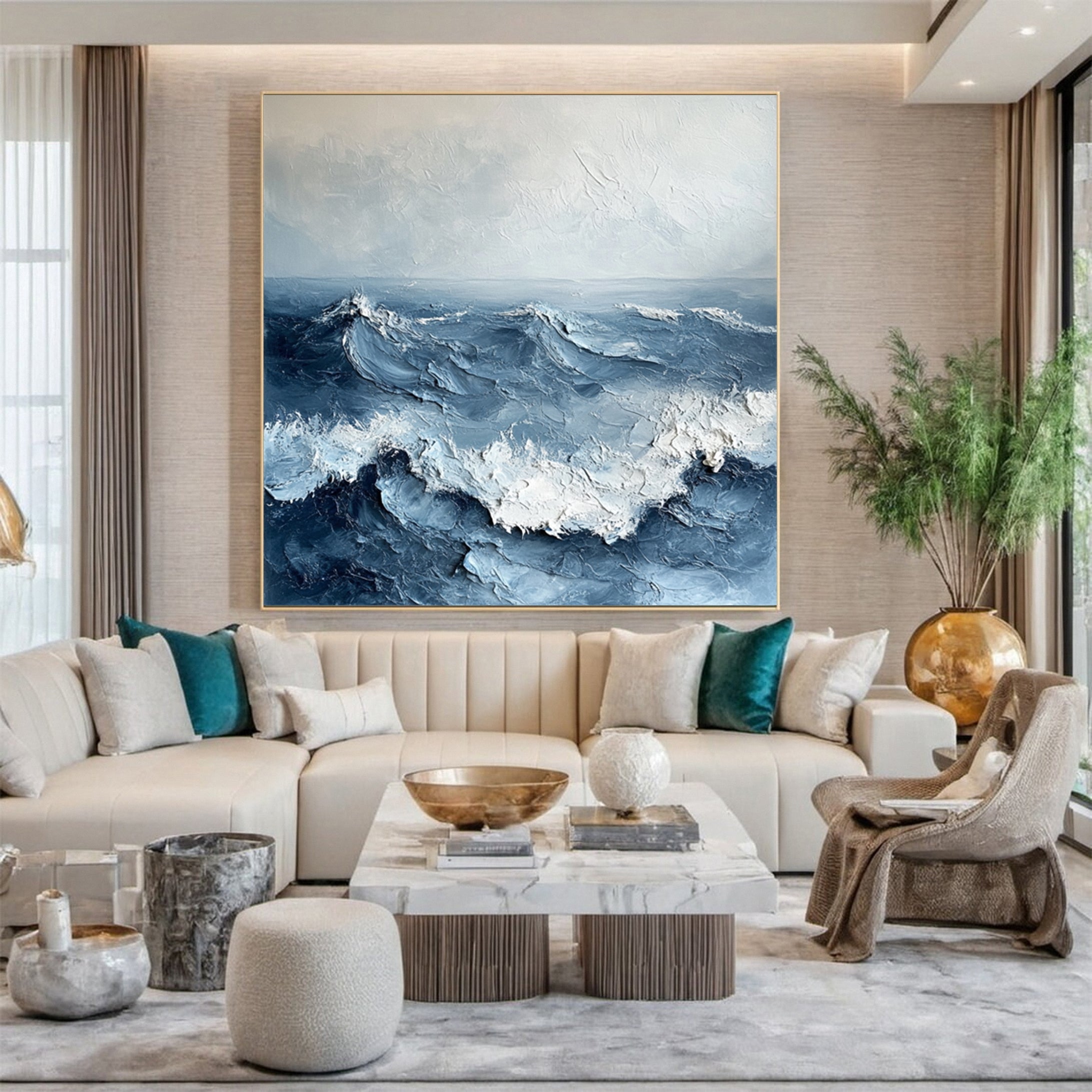 Abstract Ocean Canvas Art Blue Textured Wave Painting #OP034