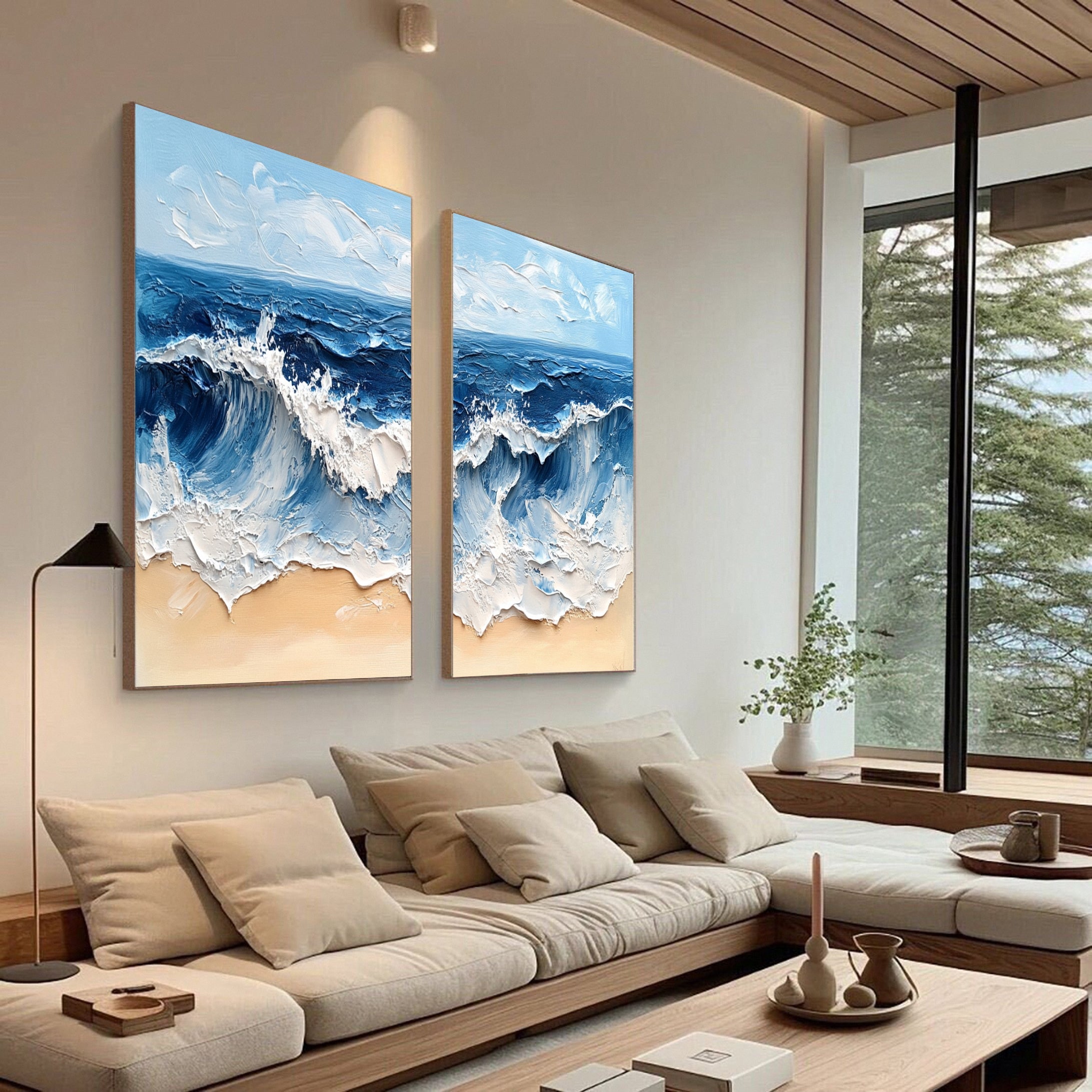 Ocean Wave Diptych Textured Abstract Coastal Canvas Art #OP033