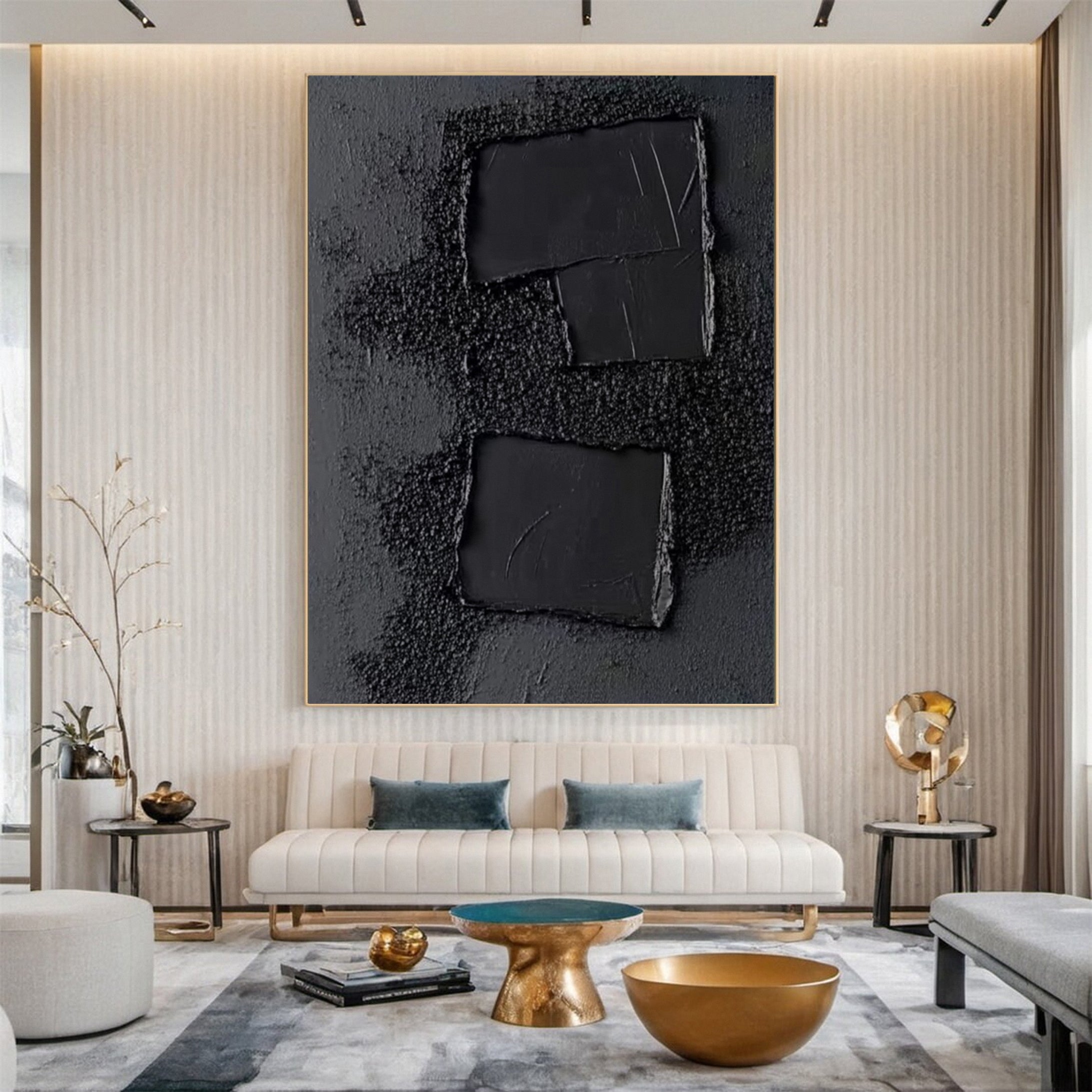 Bold Black Textured Canvas Abstract Painting for Home #MM117