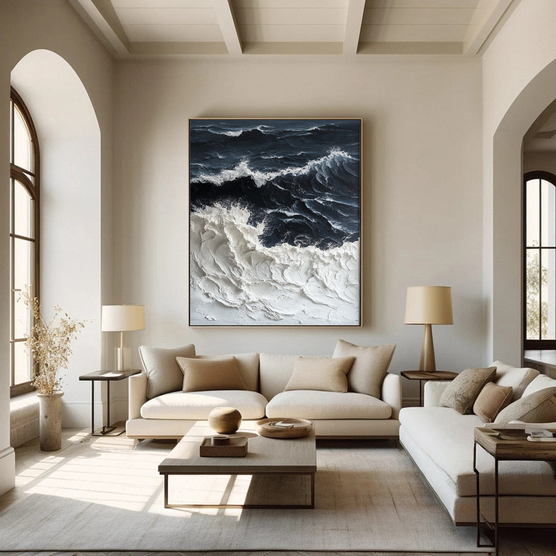 Abstract Black and White Wall Art Textured Ocean Canvas #OP041