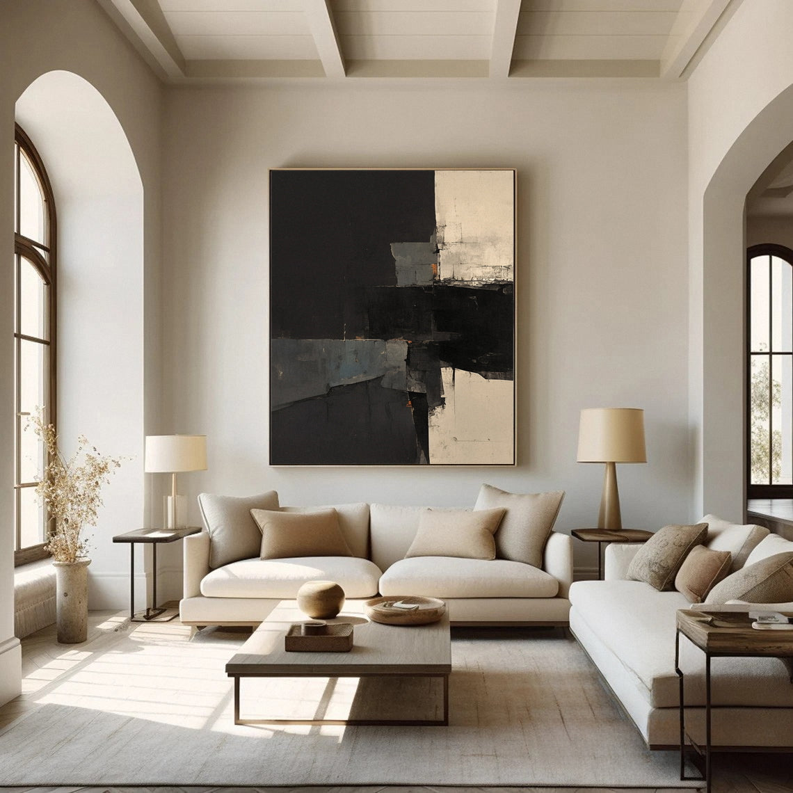 Modern Abstract Painting in Black and Beige #AB033