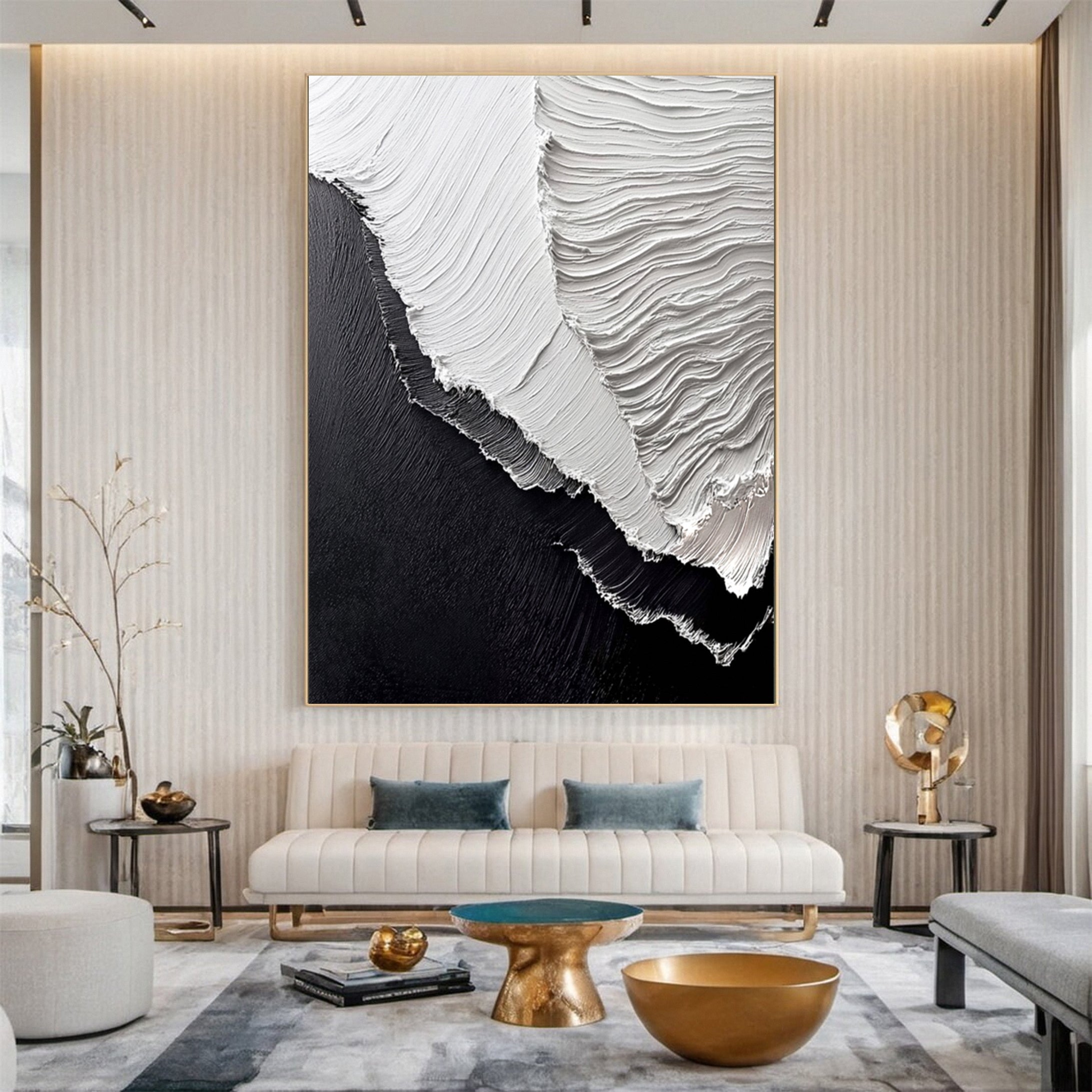 Waves Textured Canvas Black and White Abstract Art #OP039