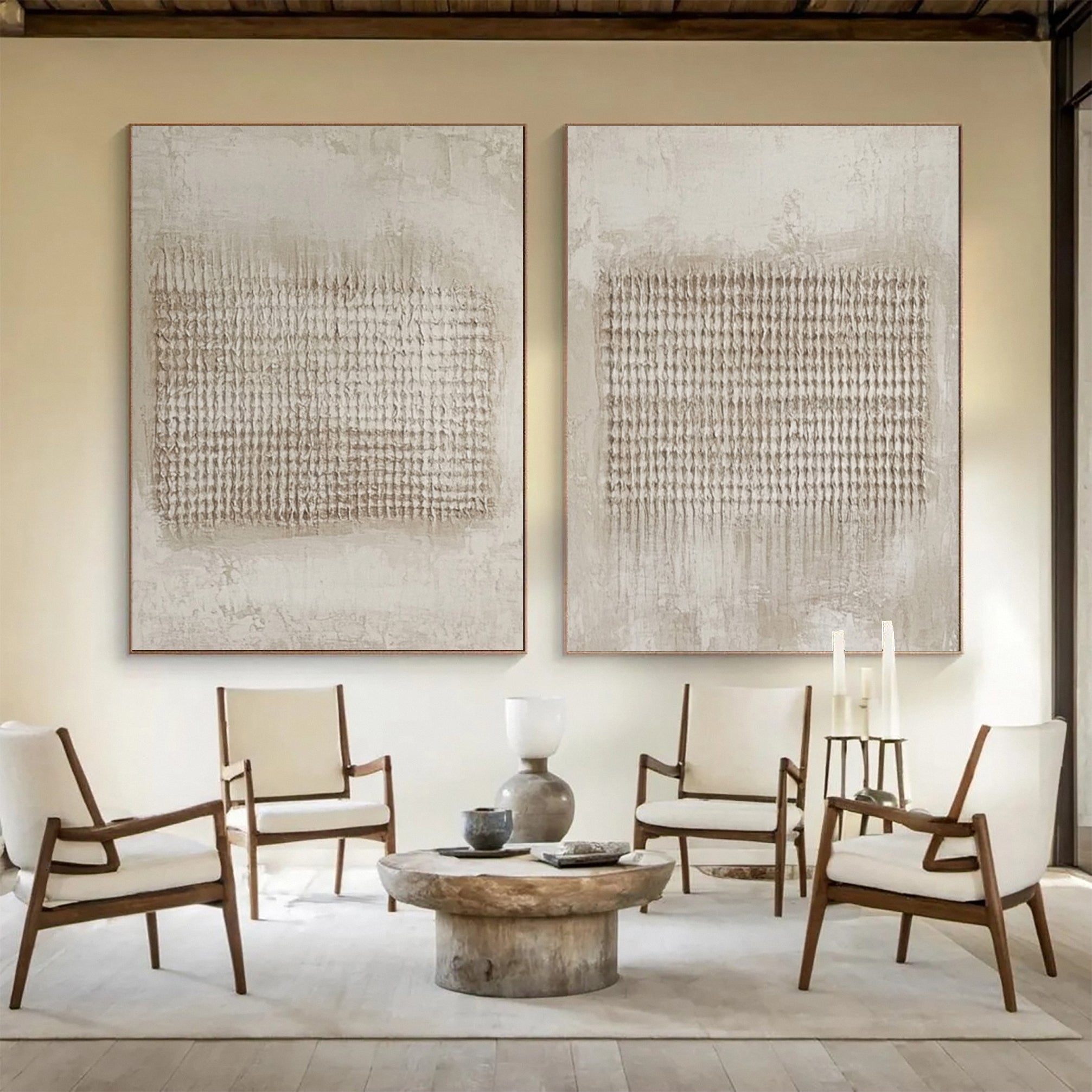 Neutral Grid Texture Diptych: Minimalist Abstract with Markings #MM605