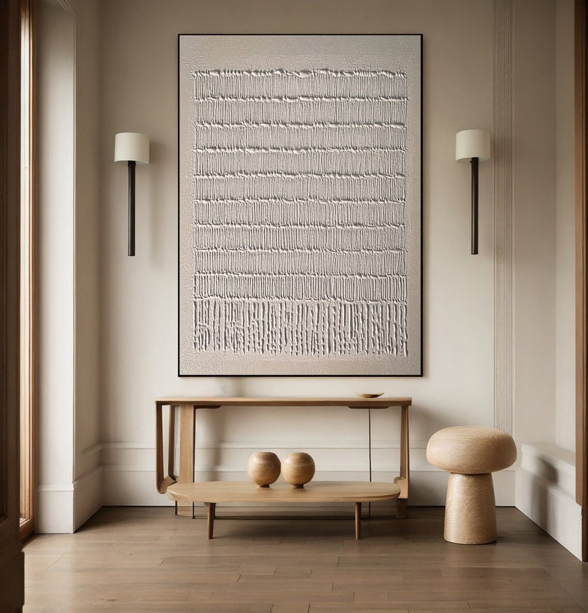 Quiet Code: Minimalist Art with Uniform Vertical Inscriptions #MM587