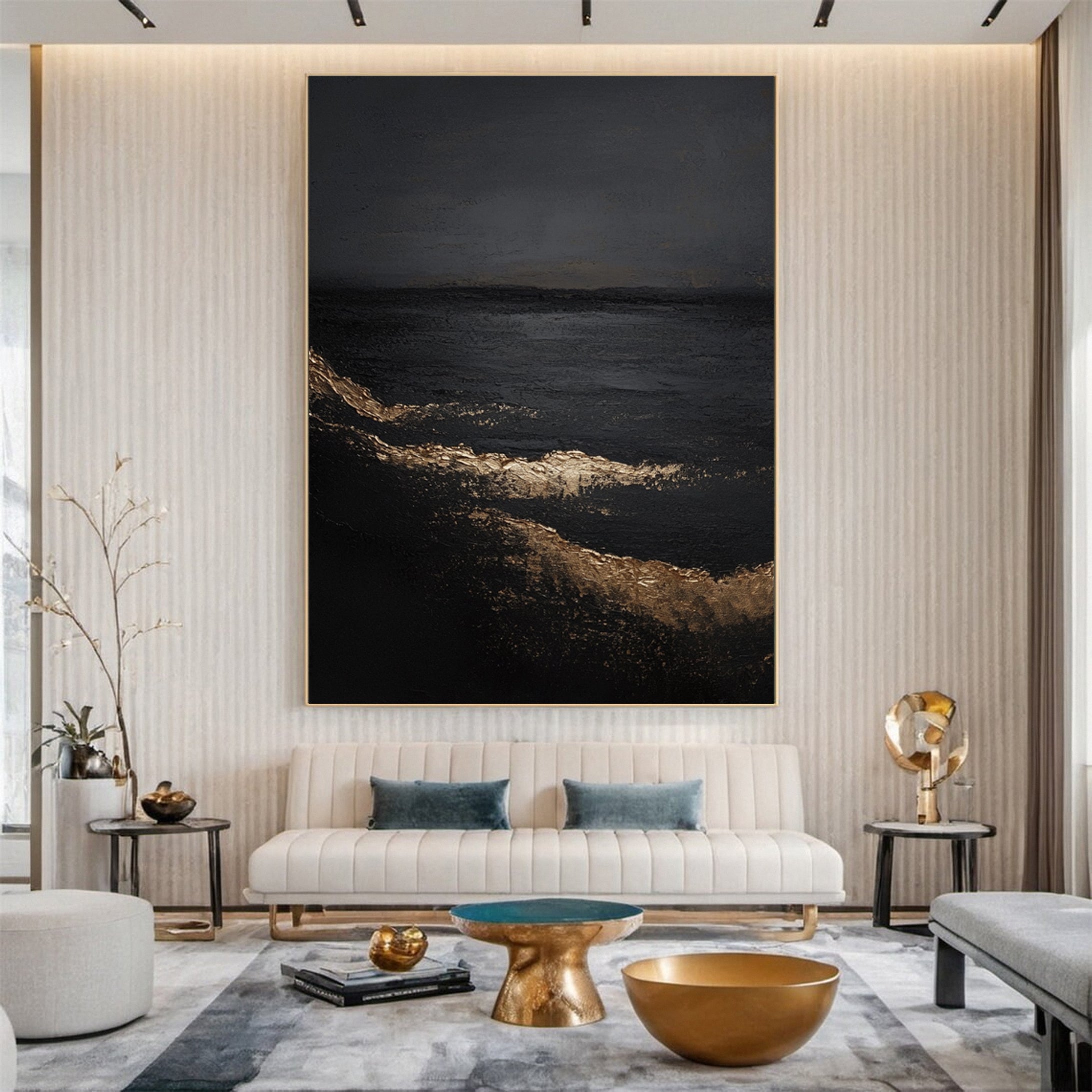 Chic Black and Gold Abstract Canvas Art for Living Room #MM151