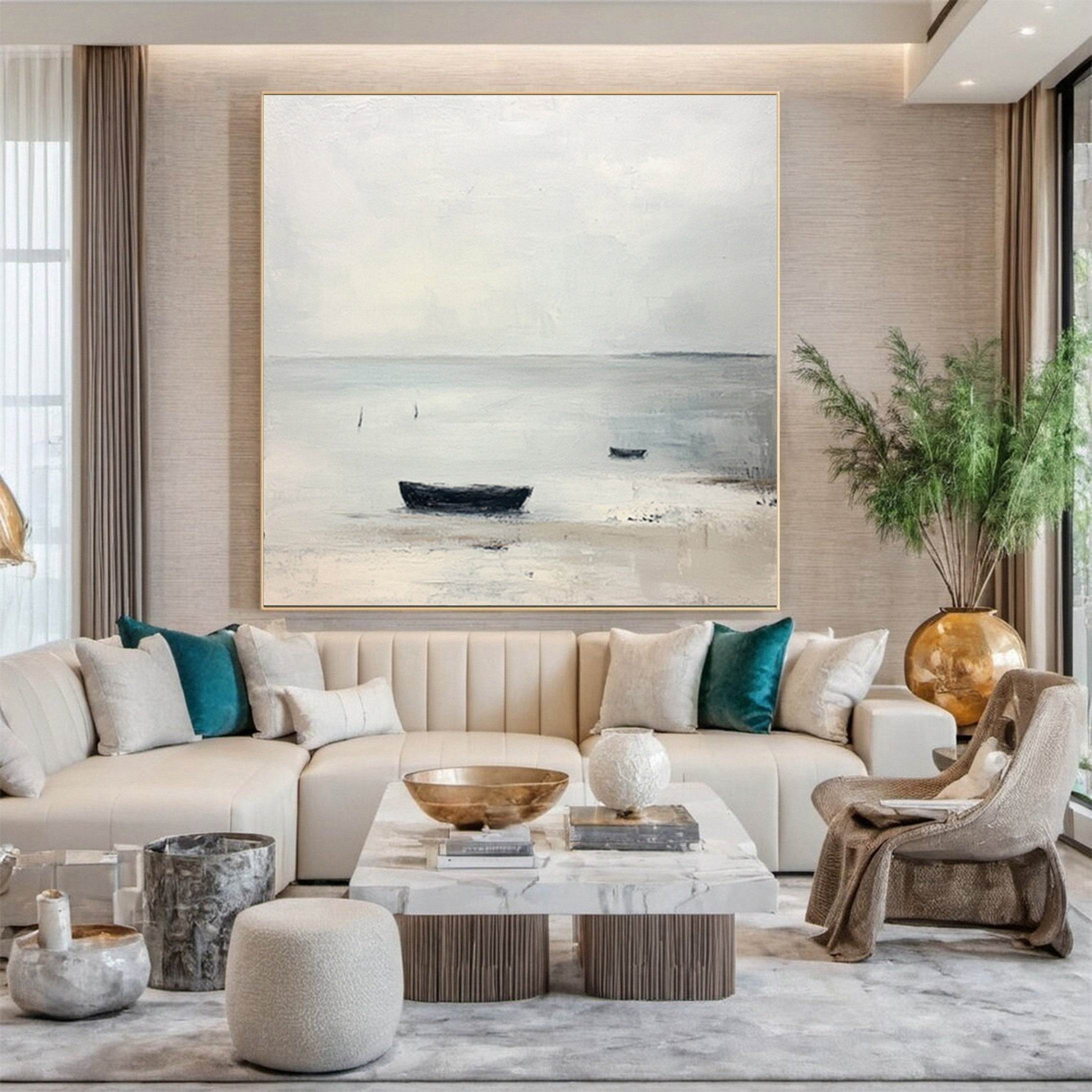 Quiet Coastal Solitude: Minimalist Beach Painting with Rowboat #MM631