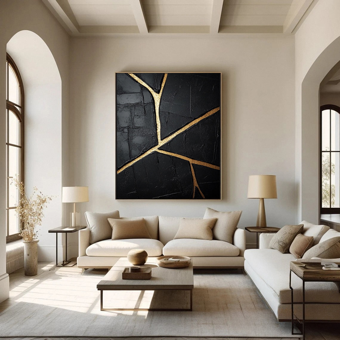 Gold Streaked Black Abstract Canvas for Elegant Interiors #MM109