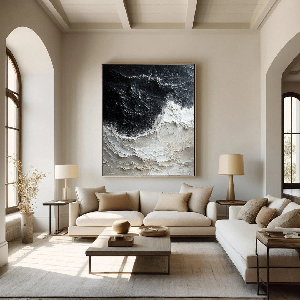 Abstract Black and Beige Wall Art Textured Ocean Canvas Decor #OP040