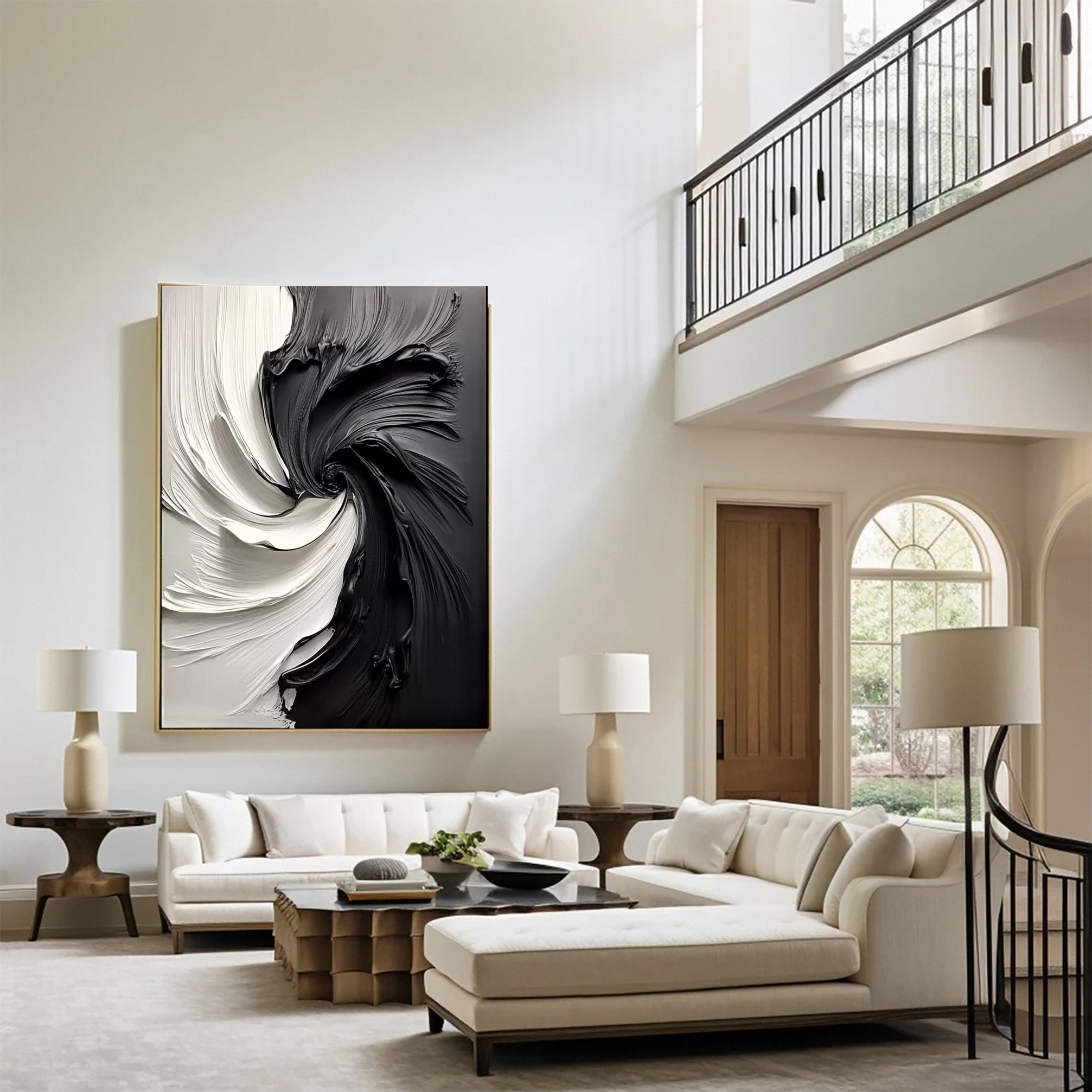 Large Black and White Abstract Swirl Canvas Wall Art #MM154