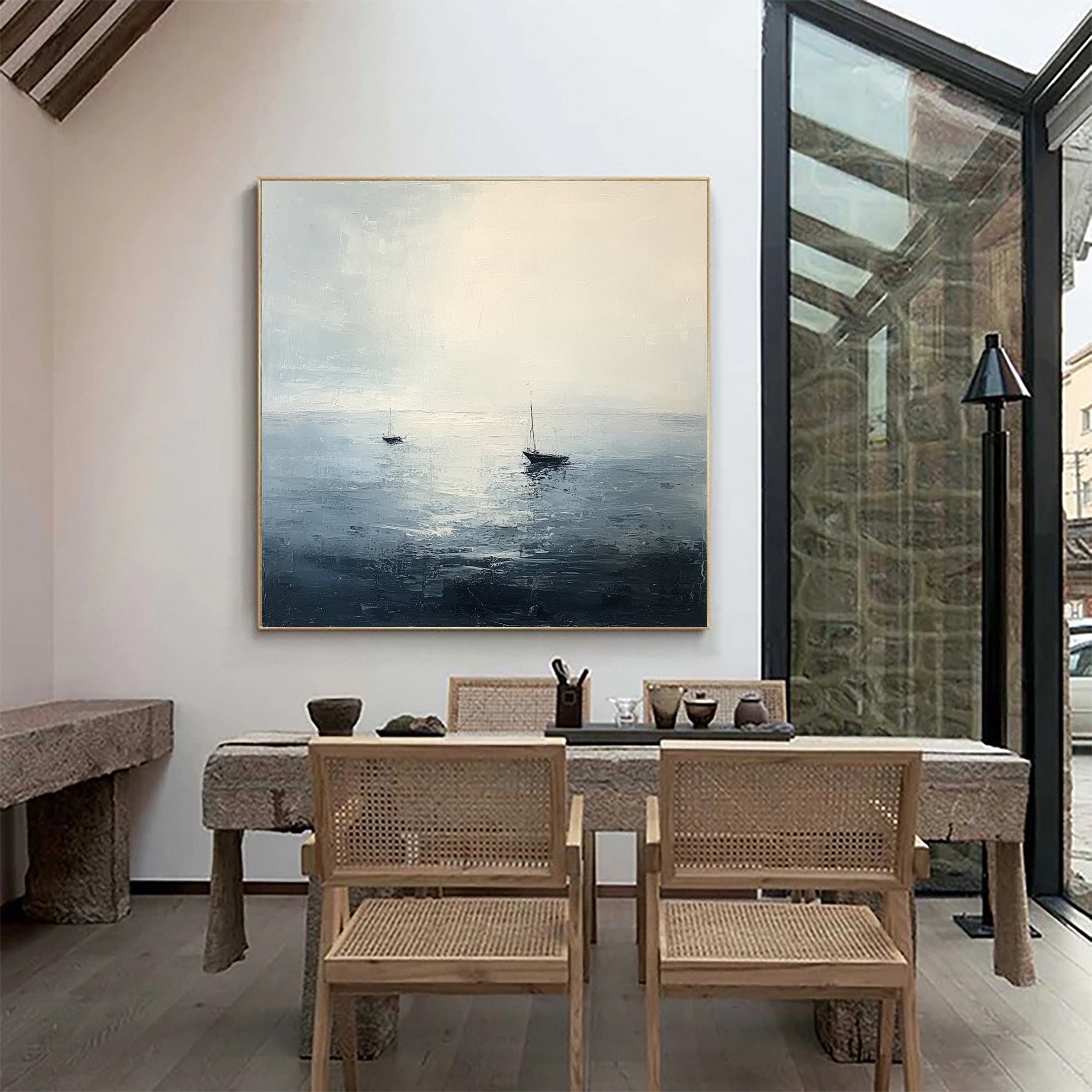 Tranquil Ocean Painting with Sailboats for Modern Homes #AB031