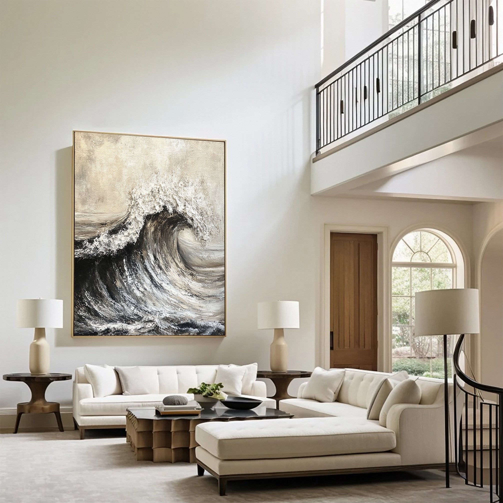 Abstract Coastal Wave Painting Textured Monochrome Canvas #OP042