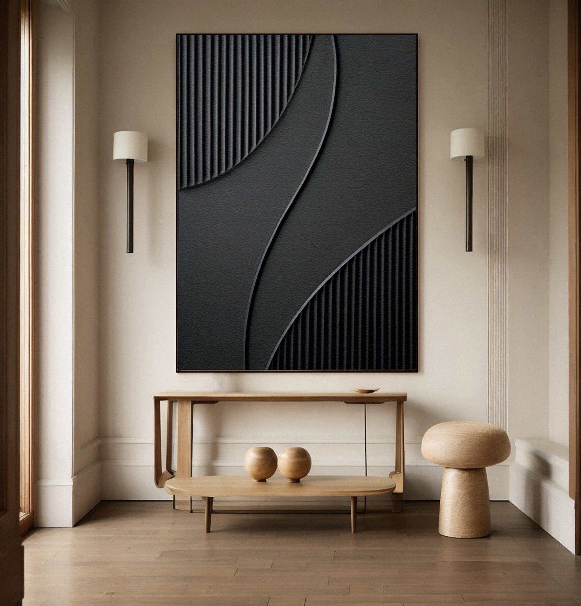 Deep Shadow Flow: Black Abstract Art with Textural Elements #MM610