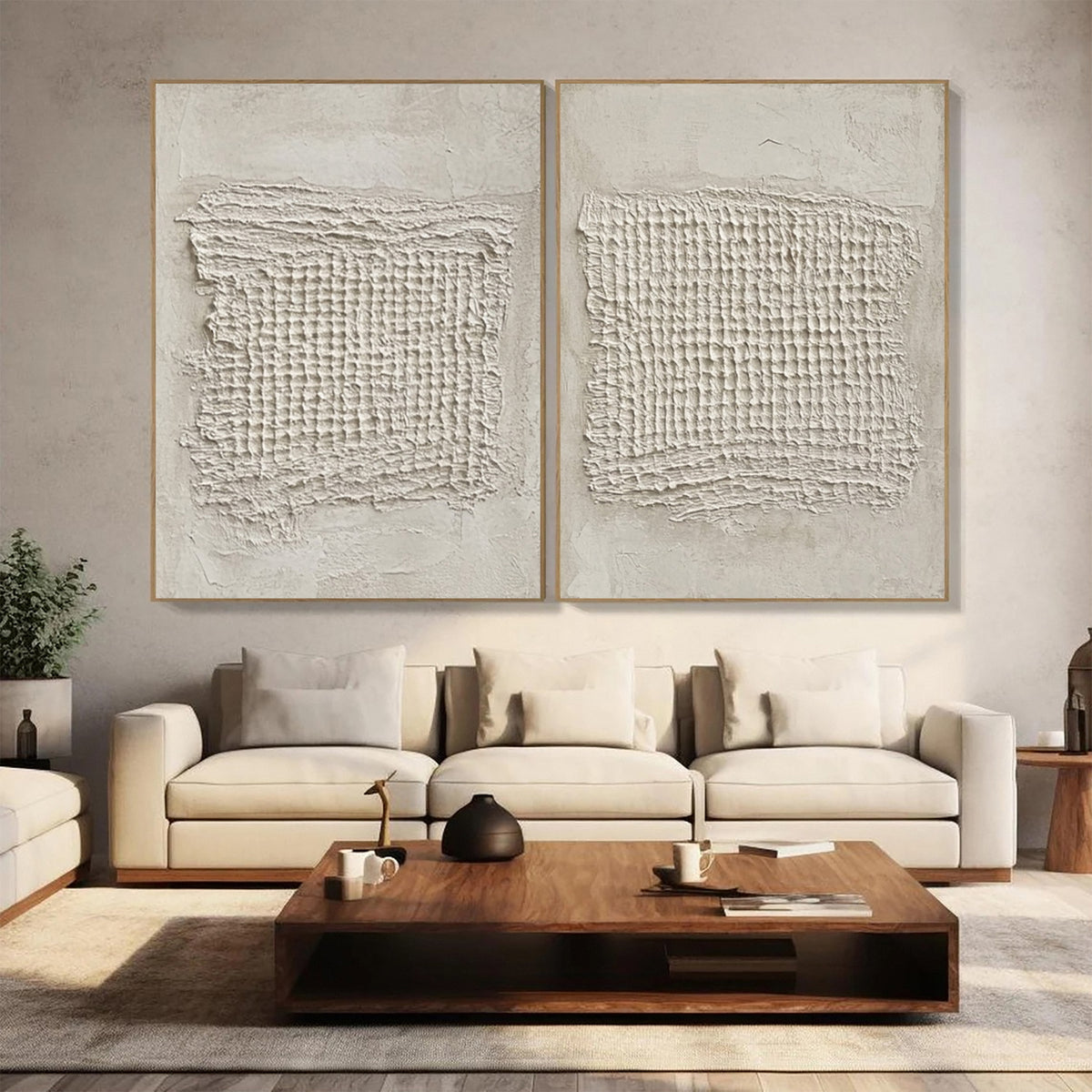 Sculpted Neutral Grid Diptych: Minimalist with Central Textures #MM603