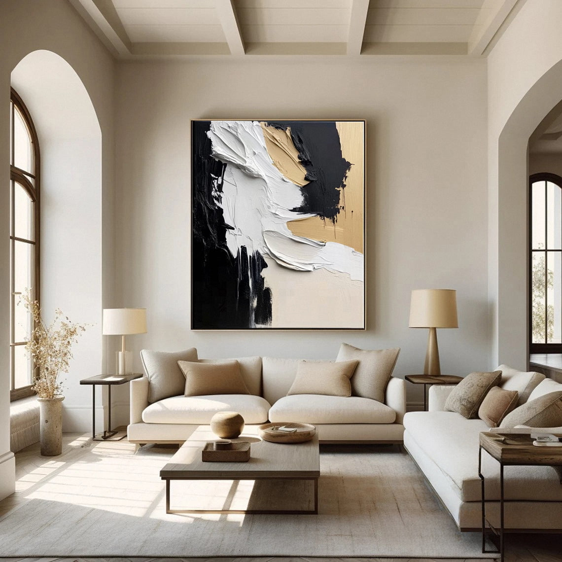 Modern Abstract Black & Beige Canvas Art Textured Elegance #MM134