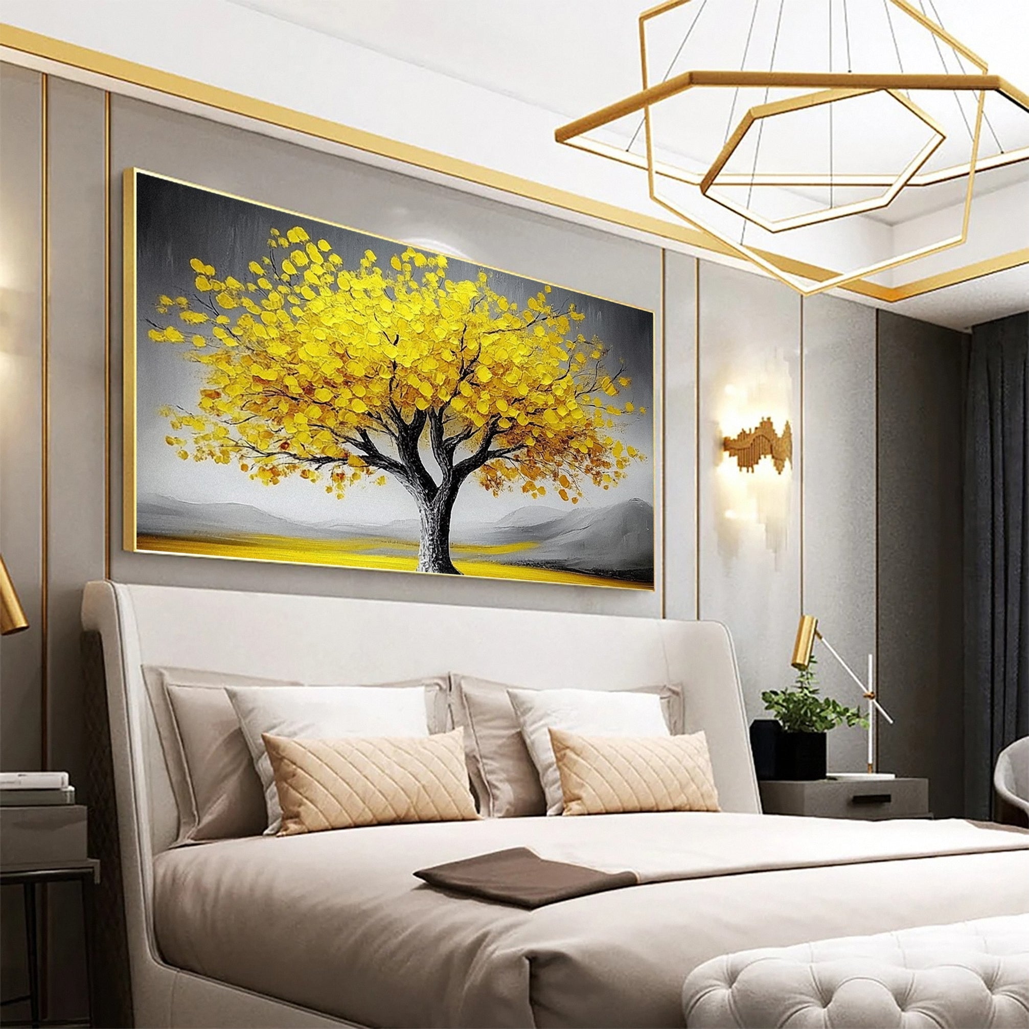 Large Abstract Tree Wall Art Yellow Color and Dynamic Texture #TP029