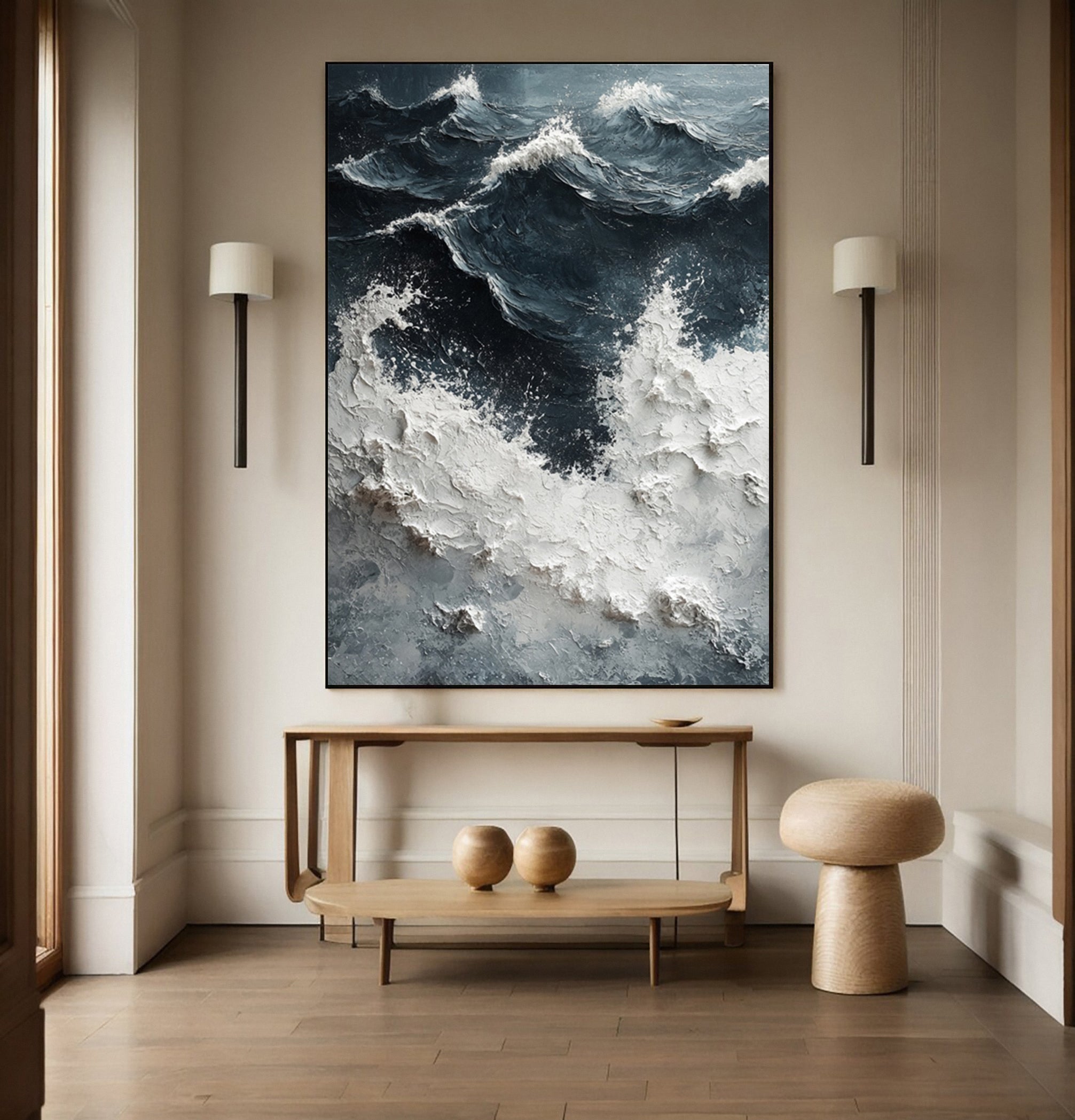 Noir Depths Surge: Dynamic Wave Art with Crashing Whitecaps #MM628