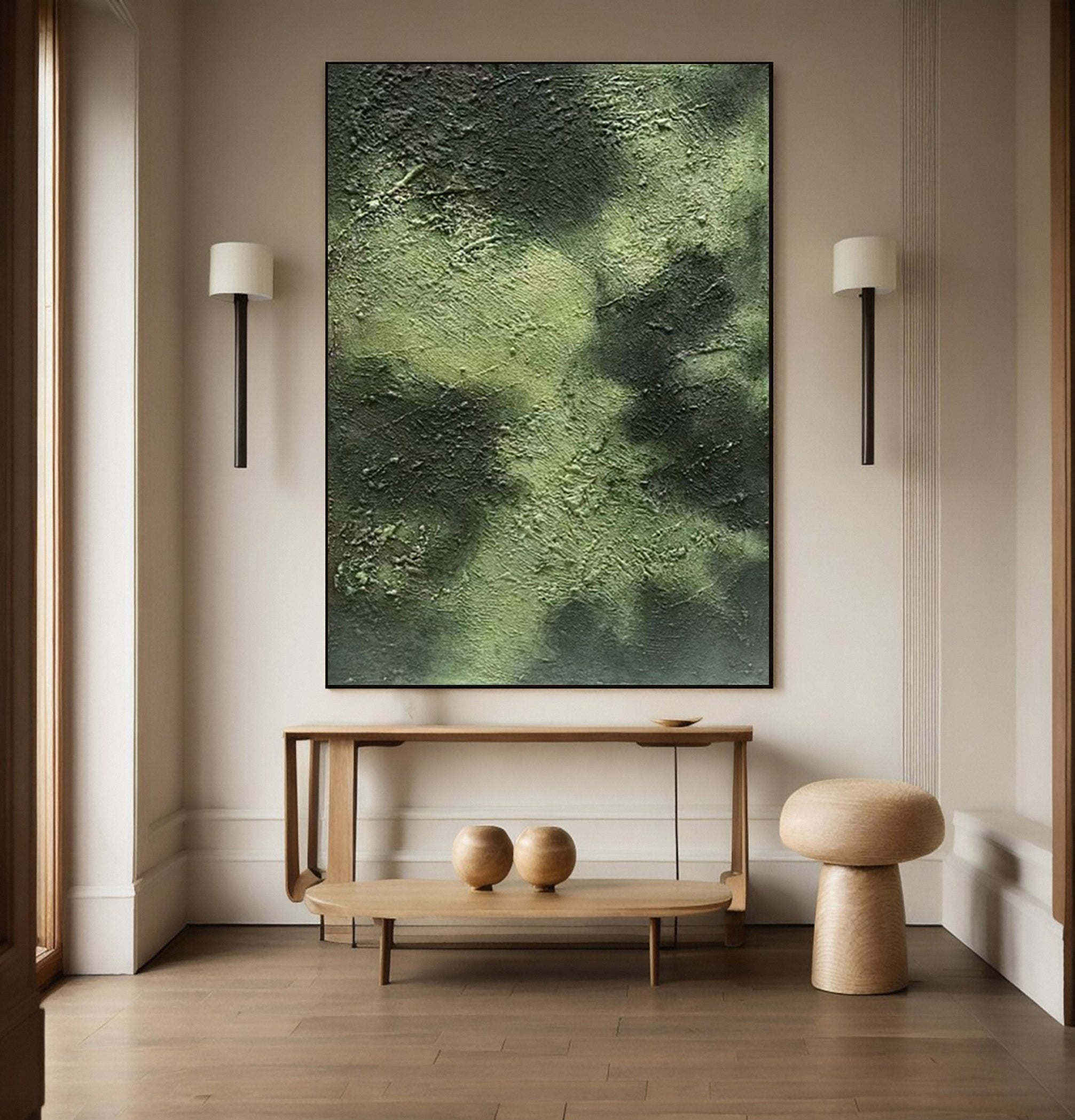 Textured Verdant Depths: Abstract Art in Layered Greens #MM635