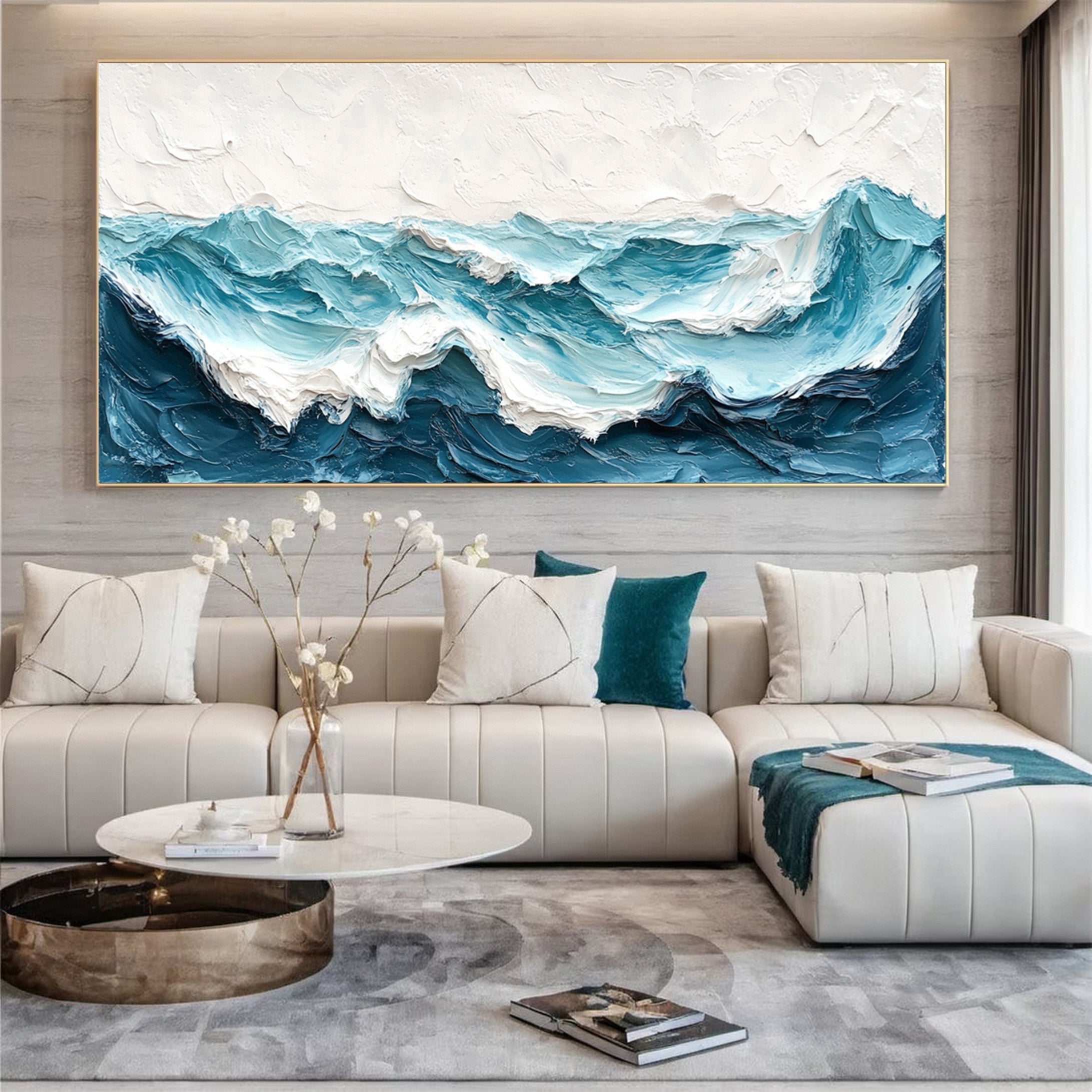 Modern Ocean Wall Art Large Textured Wave Canvas for House #OP027