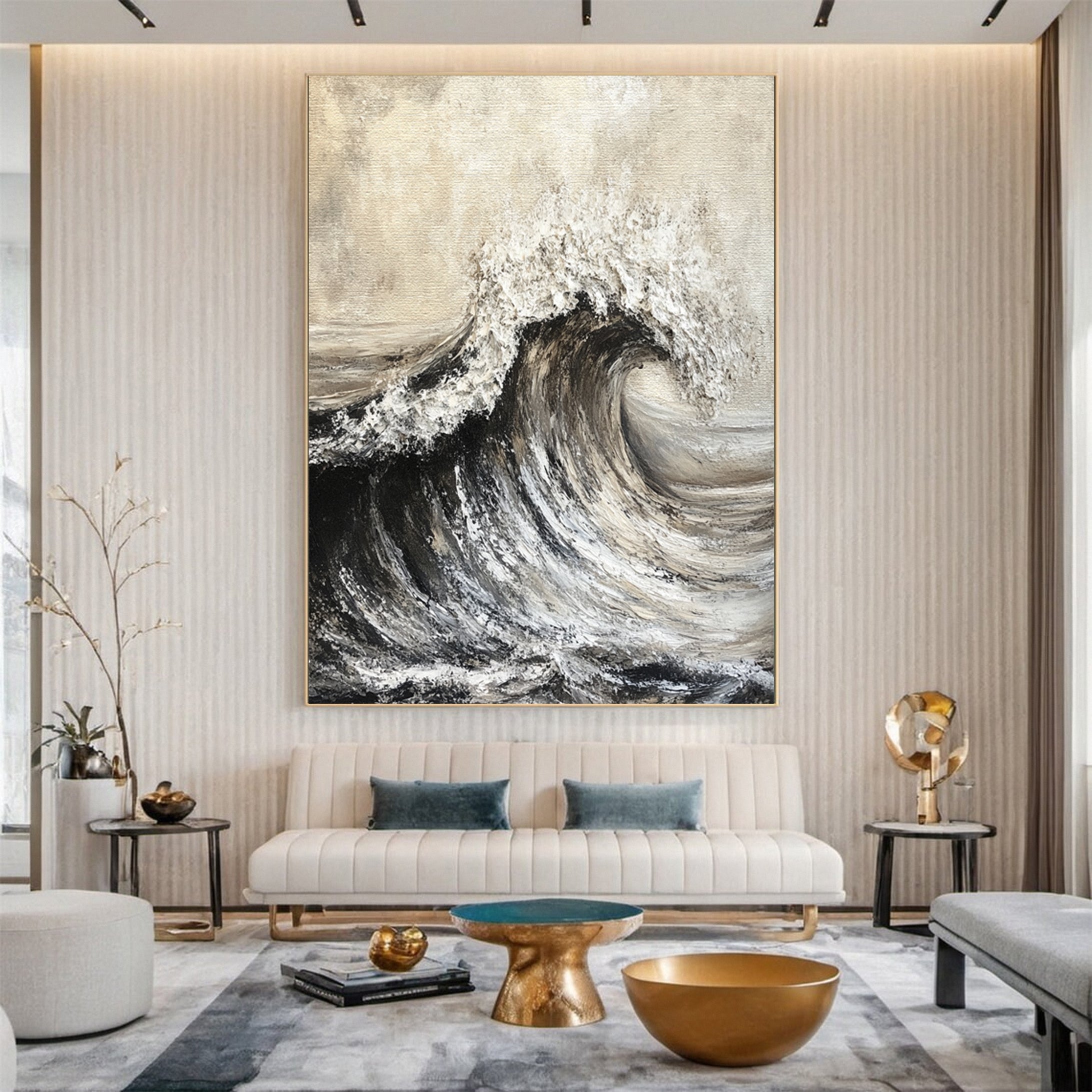 Abstract Coastal Wave Painting Textured Monochrome Canvas #OP042