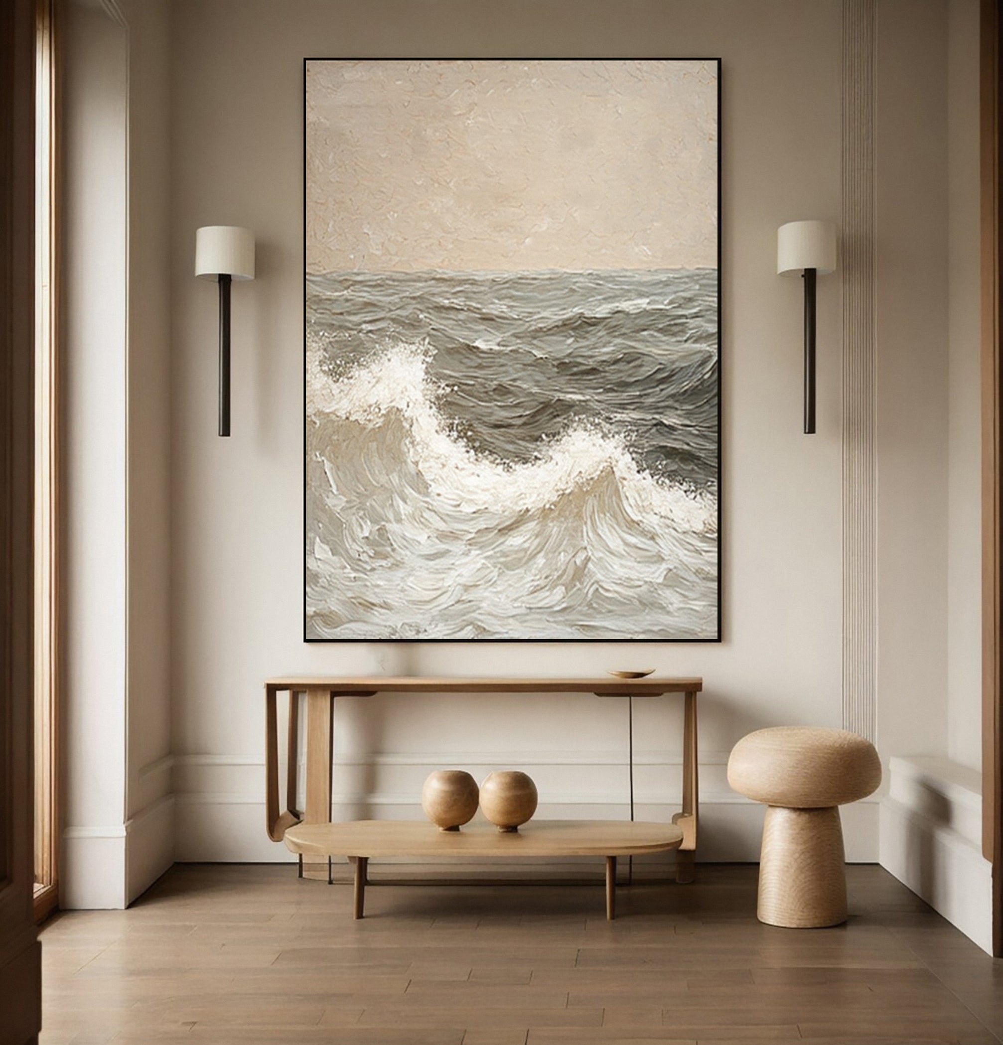 Neutral Seascape Canvas with Dynamic Waves and Soft Sky #MM619