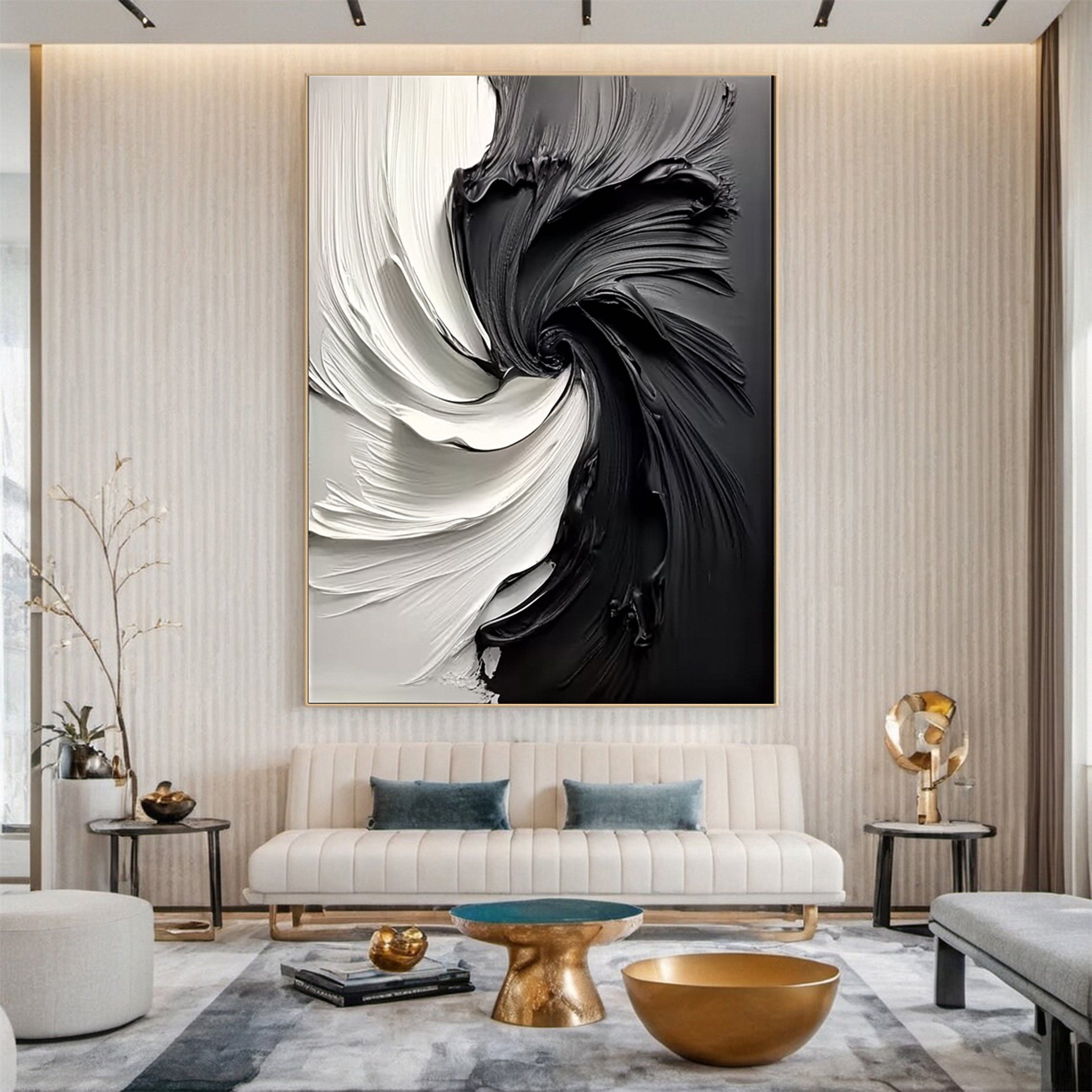 Large Black and White Abstract Swirl Canvas Wall Art #MM154