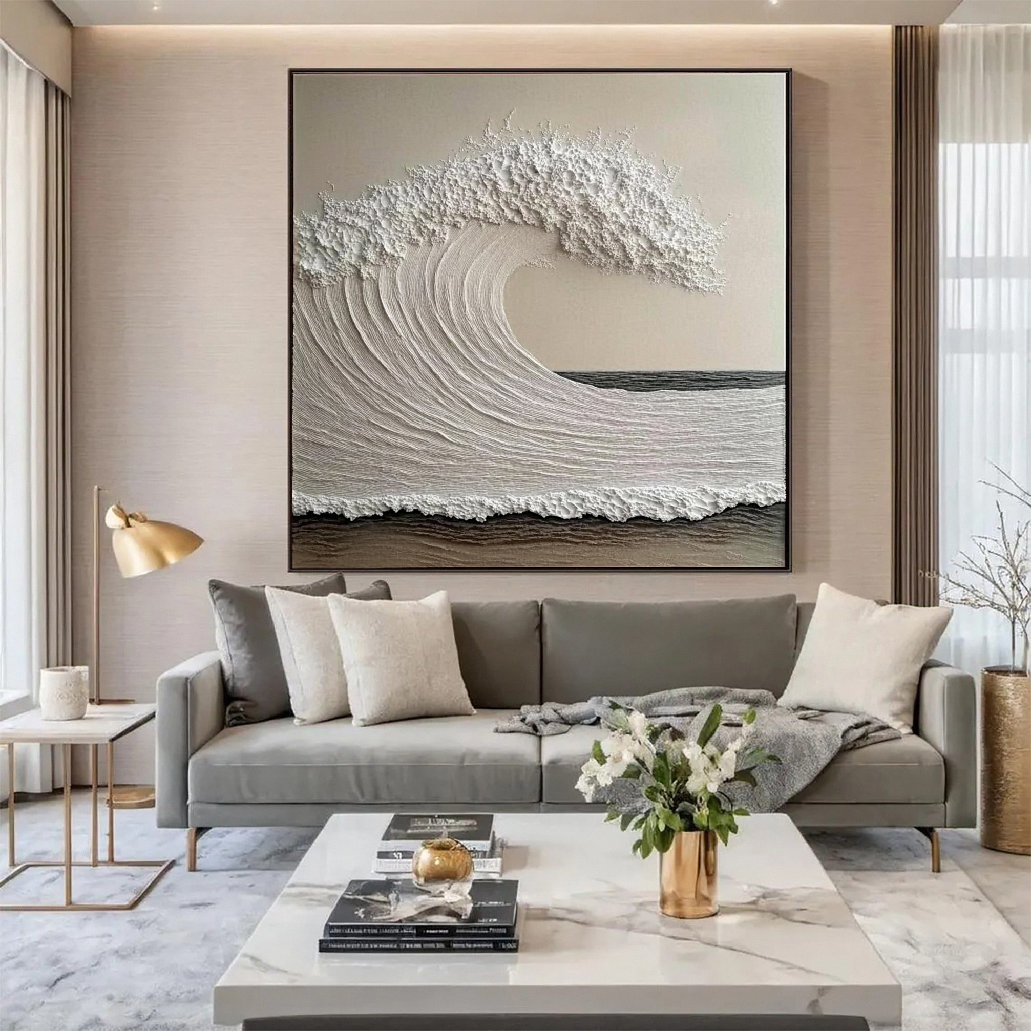 Neutral Wave Canvas Oversized Textured Coastal Wall Art #OP047