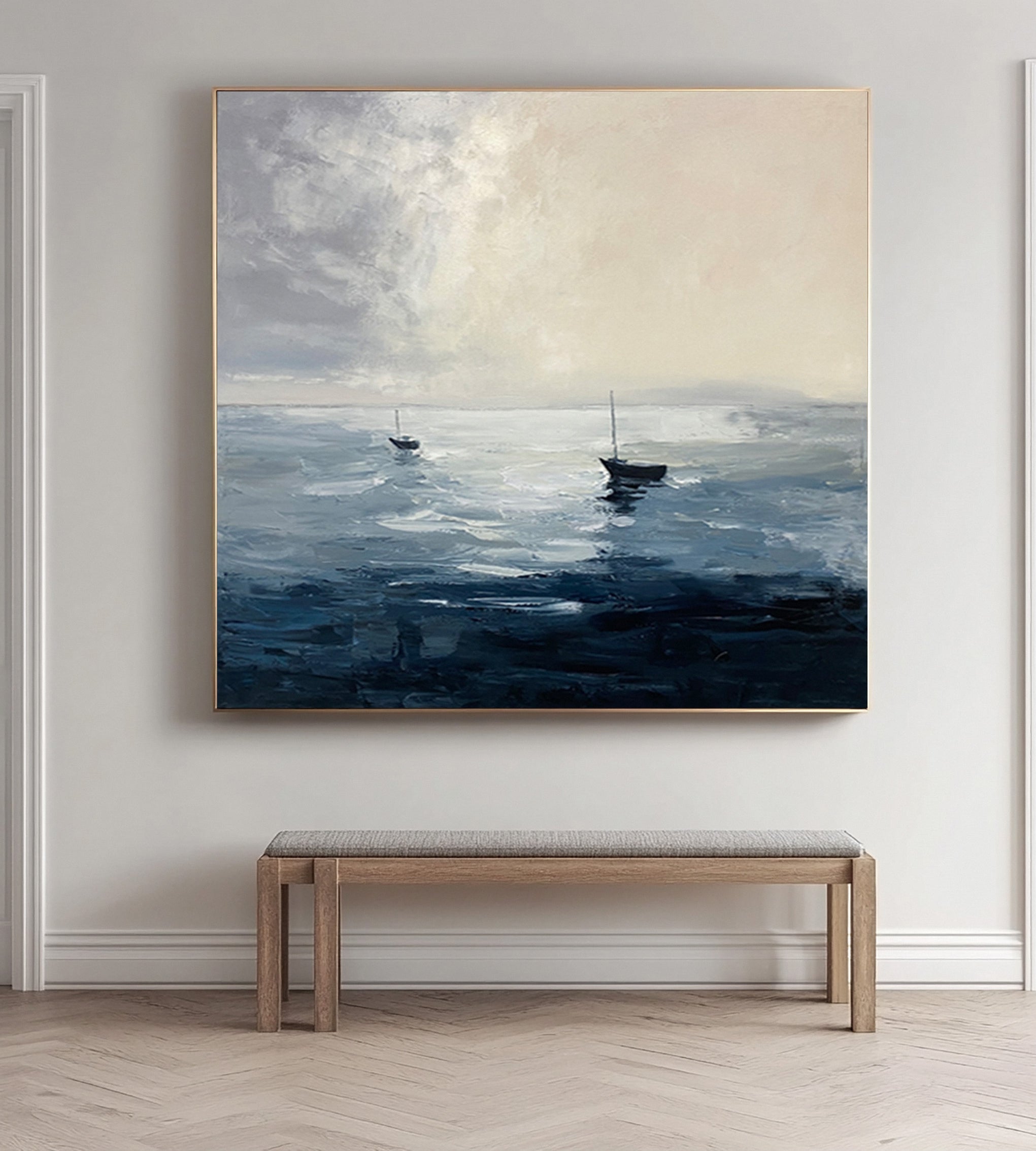 Still Waters, Distant Sails: Minimalist Marine Art with Two Boats #MM647