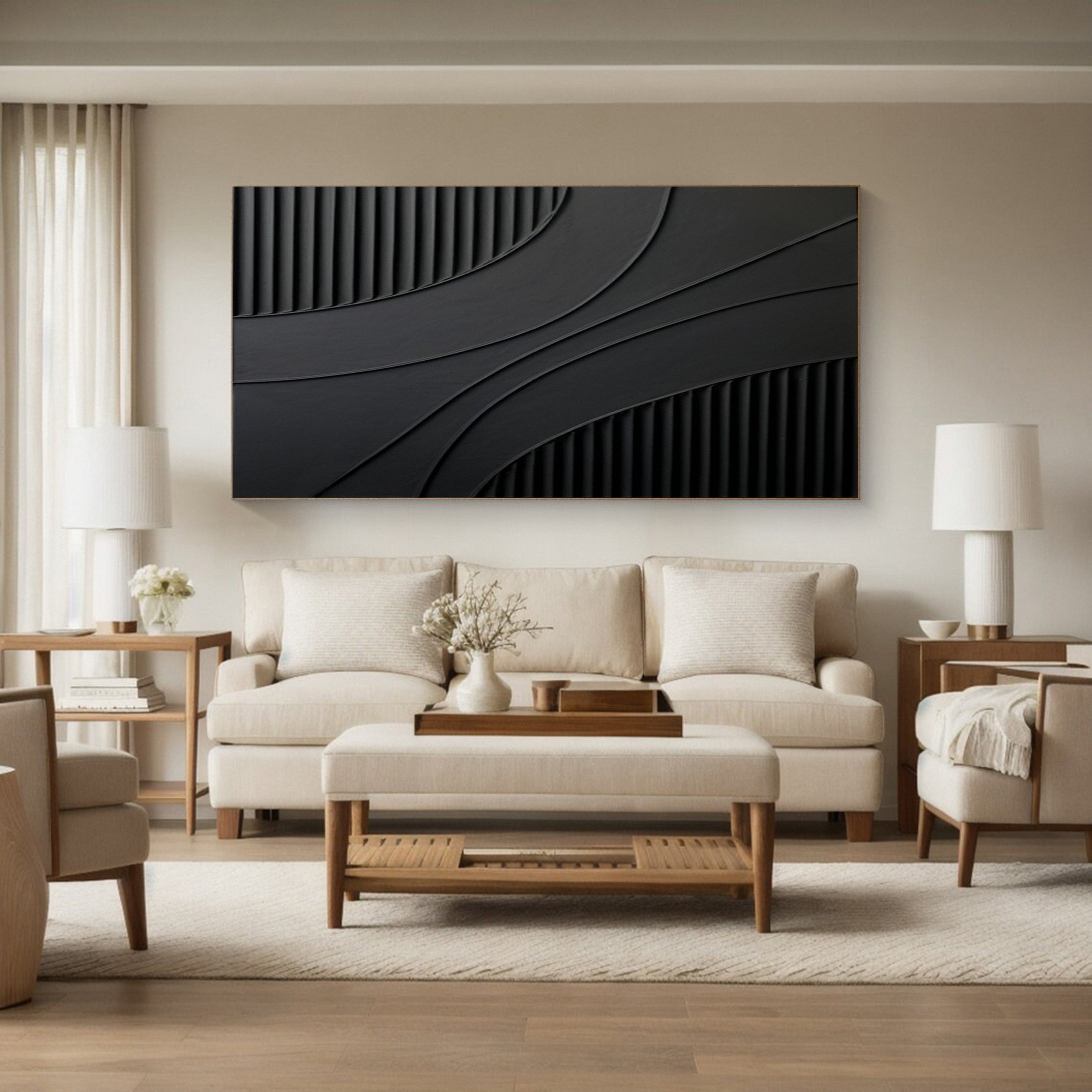 Deep Shadow Contours: Modern Black Art with Textured Bands #MM612