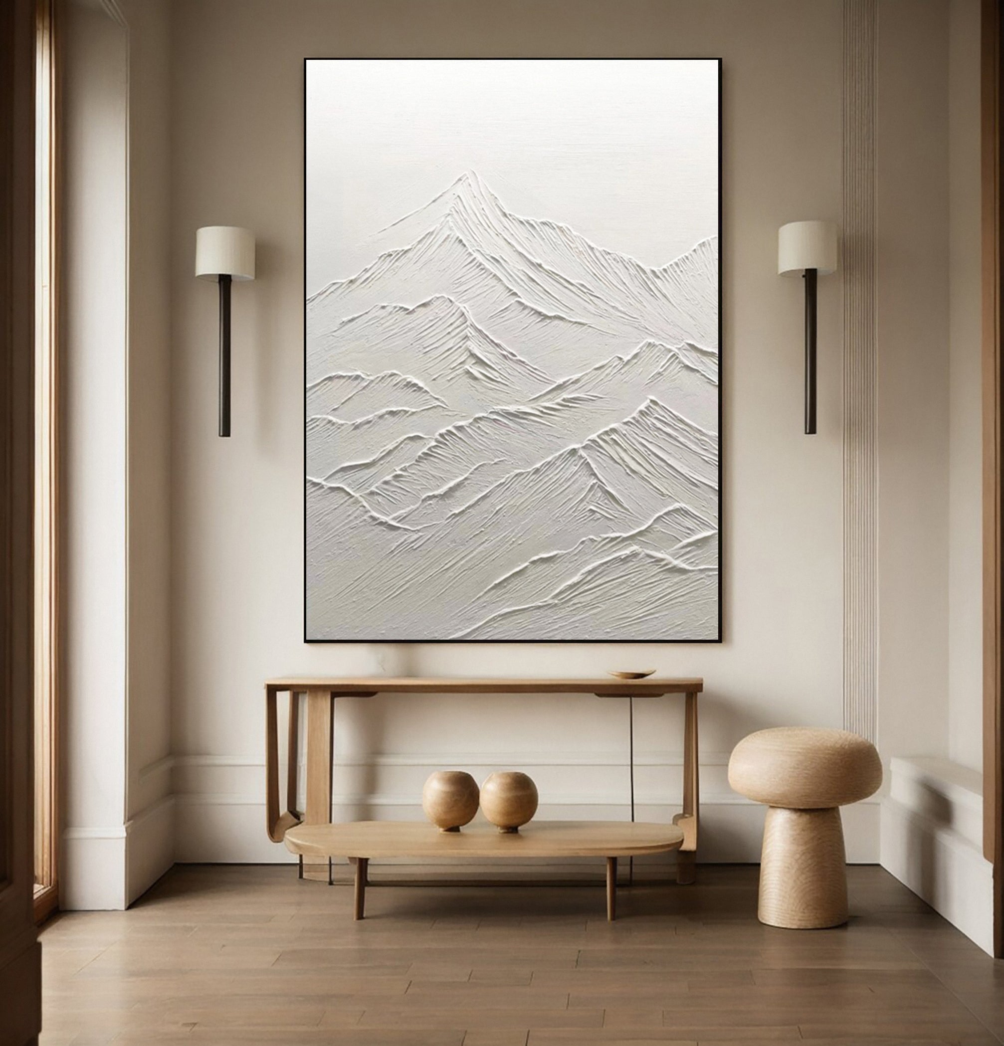 Ethereal White Peaks: Contemporary Canvas with Mountain Forms #MM625