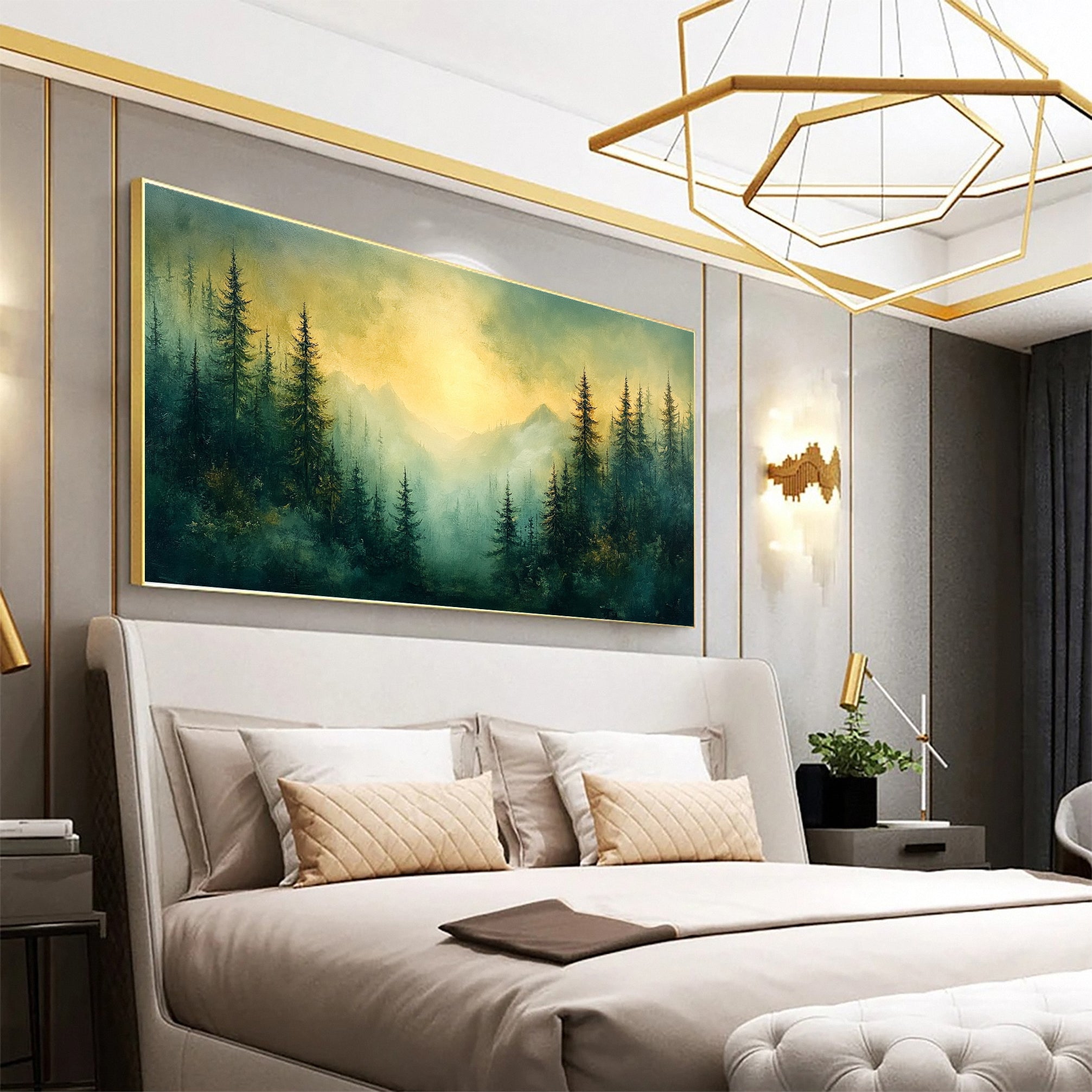 Serene Forest Landscape Wall Art Sunrise Canvas Painting #TP035