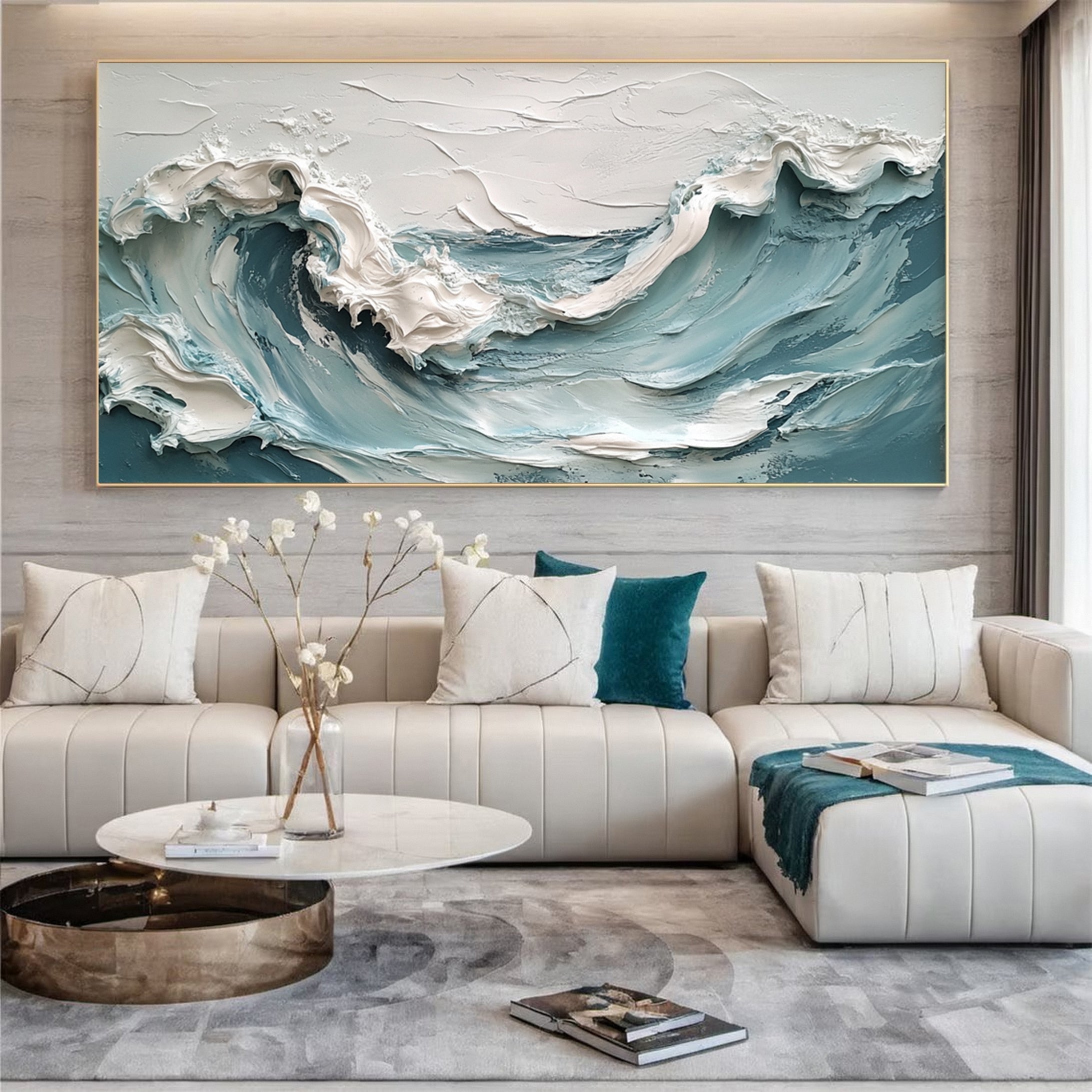 Textured Ocean Wave Painting Modern Coastal Canvas Art for House #OP017